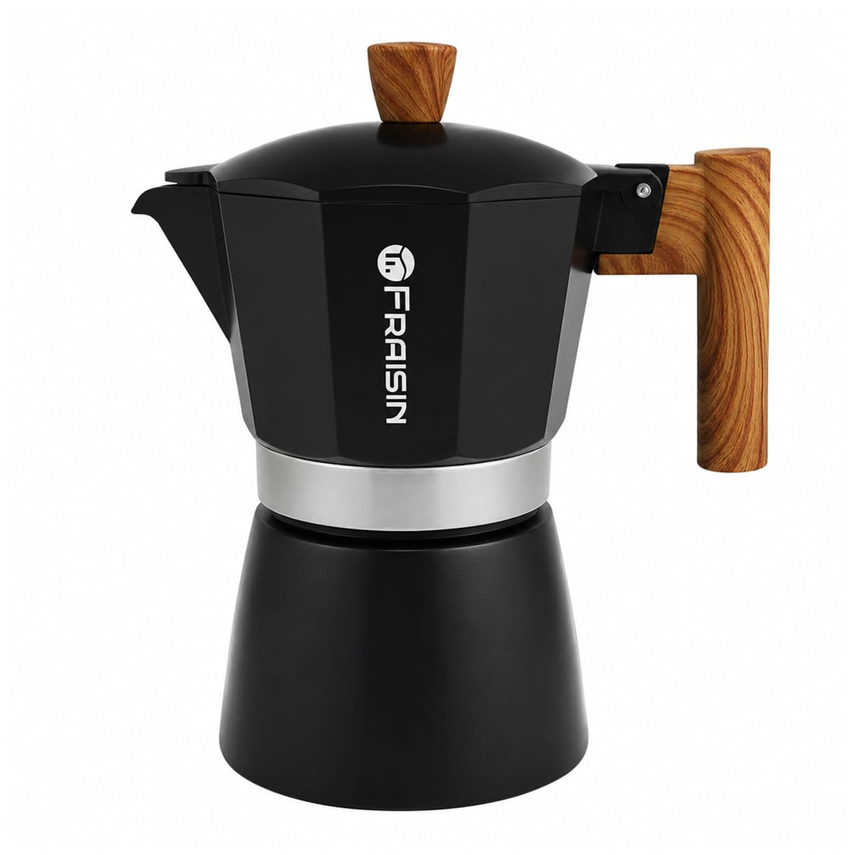Stovetop Espresso Moka Pot Coffee Maker, Non-slip Wood Grain Handle, Cast Aluminum, Compatible with Gas, and Electric Stoves (Black, 12 cups)