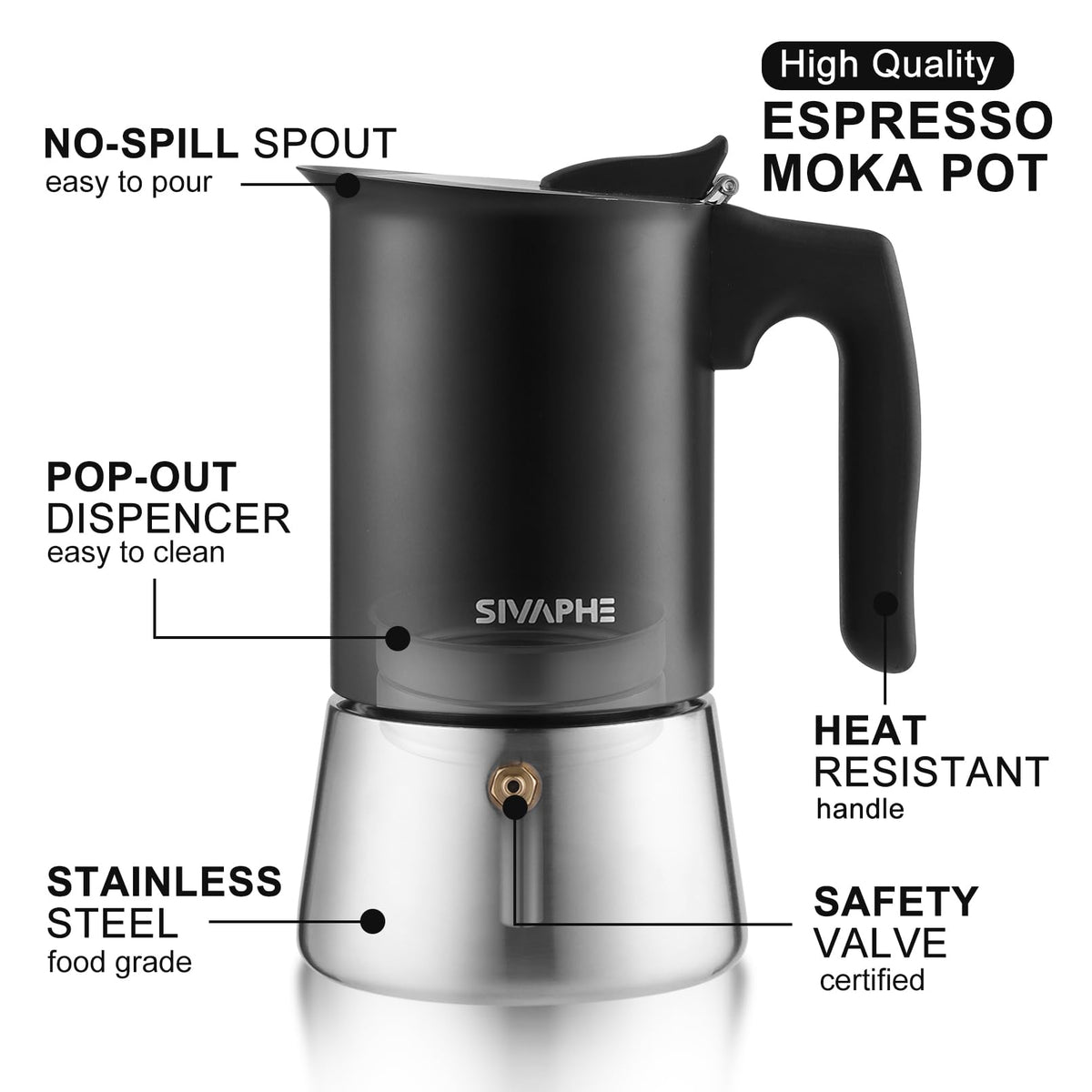 Sivaphe4 cups Stainless Steel Stovetop Espresso Coffee Maker | Induction Support 10 oz Intalian Moka Pot | Durable Cuban Coffee Maker 200ml(1 Cup=50ml)
