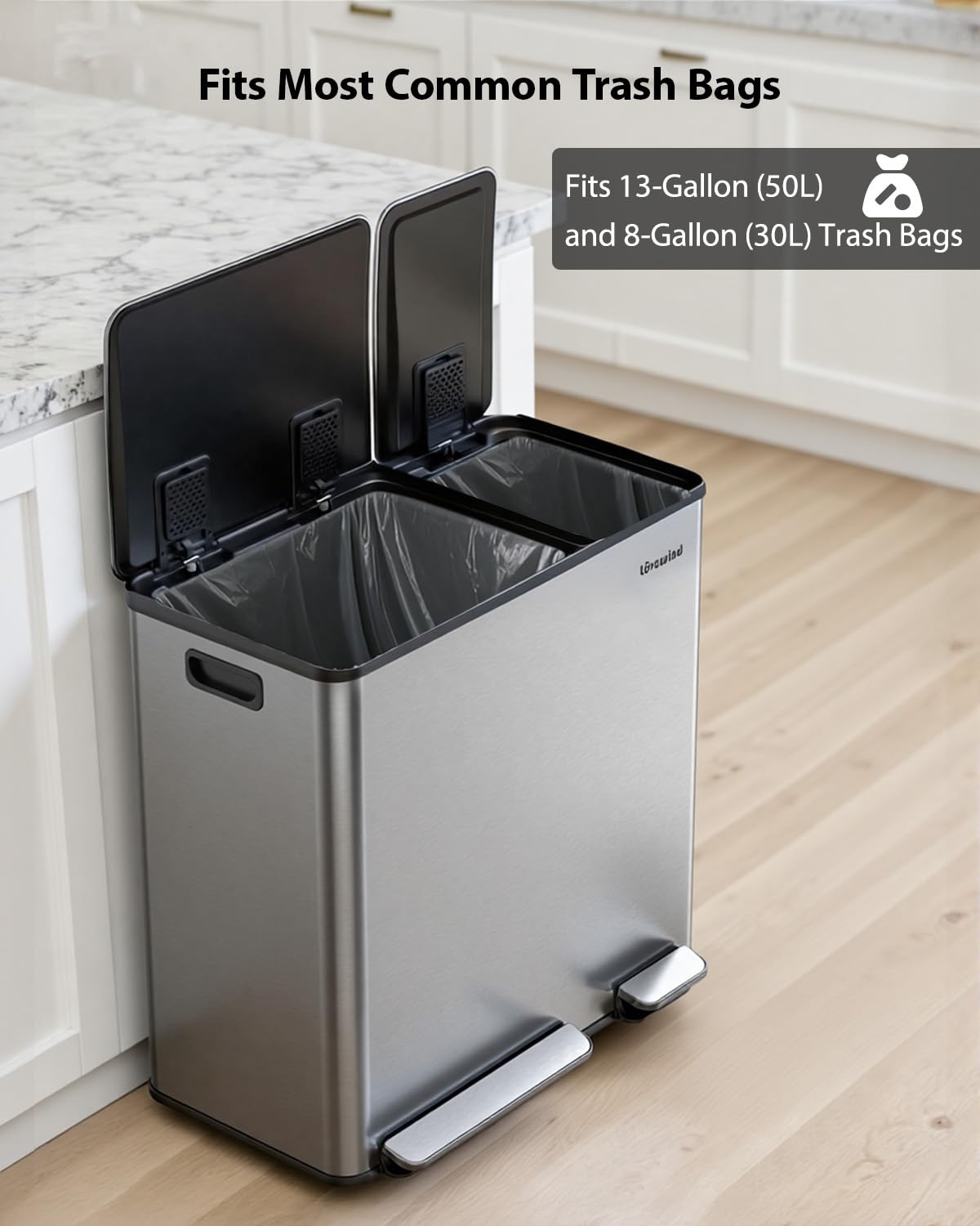 Lovewind Dual Trash and Recycling Bins for Kitchen, 2 * 11-Gallon Stainless Steel Double Trash Can, Step-On Garbage and Recycle Combo, Quiet Close, Pet-Proof, Compatible with 13-Gallon Bags, White