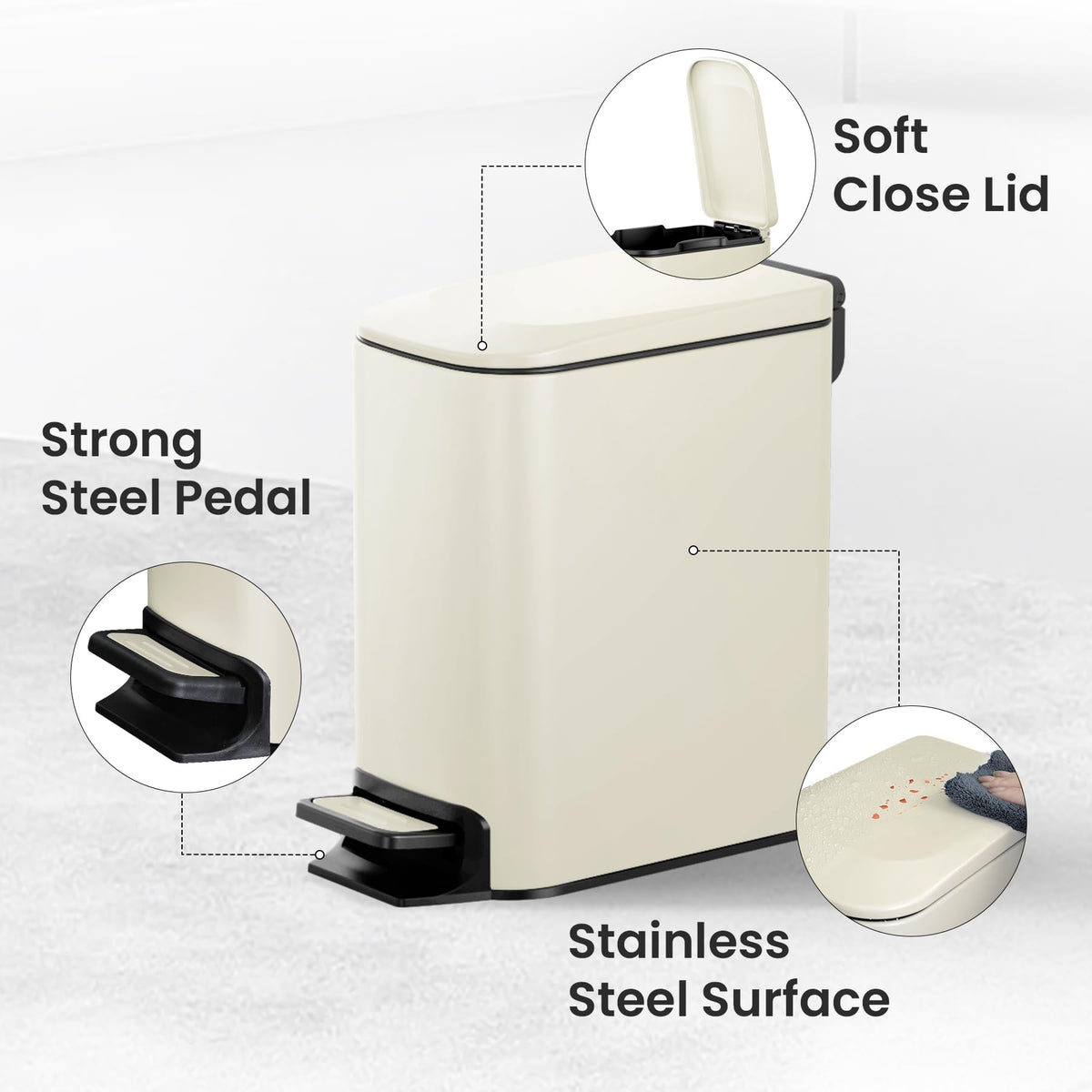 Cesun Small Bathroom Trash Can with Lid, 1.6 Gal, Soft Close, Matte Black