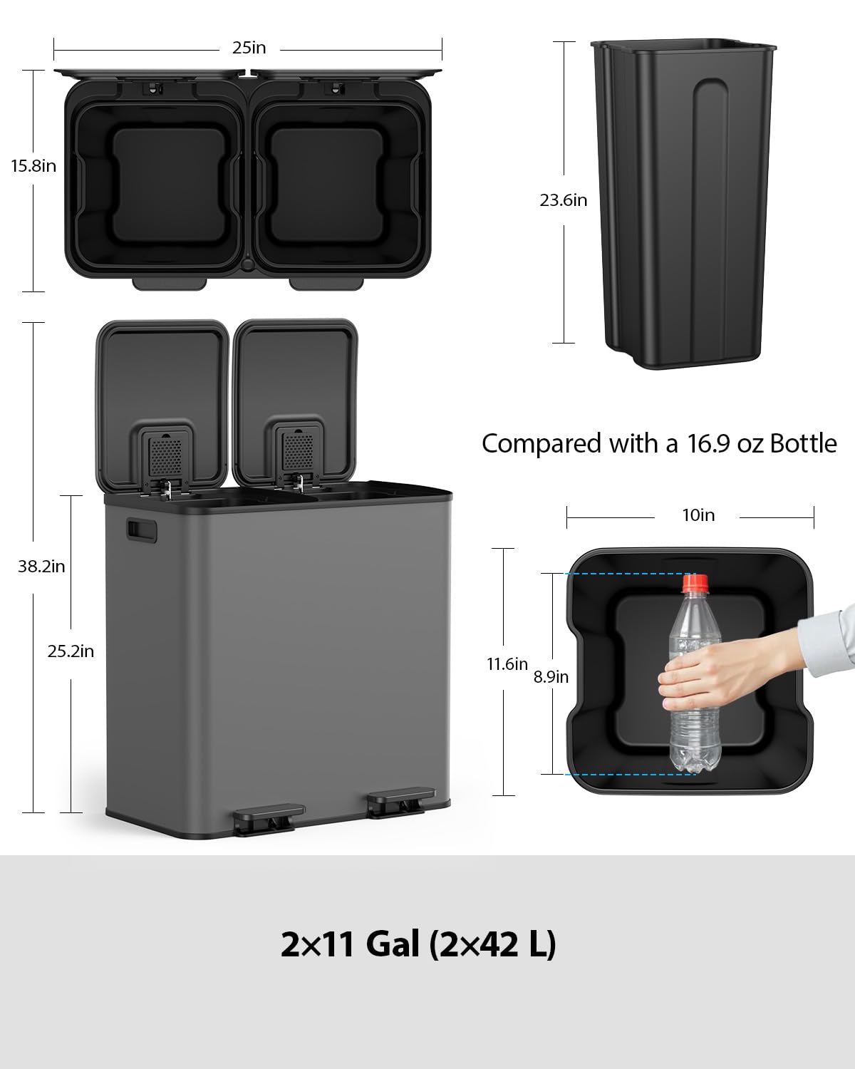 Lovewind Dual Trash and Recycling Bins for Kitchen, 2 * 11-Gallon Stainless Steel Double Trash Can, Step-On Garbage and Recycle Combo, Quiet Close, Pet-Proof, Compatible with 13-Gallon Bags, White