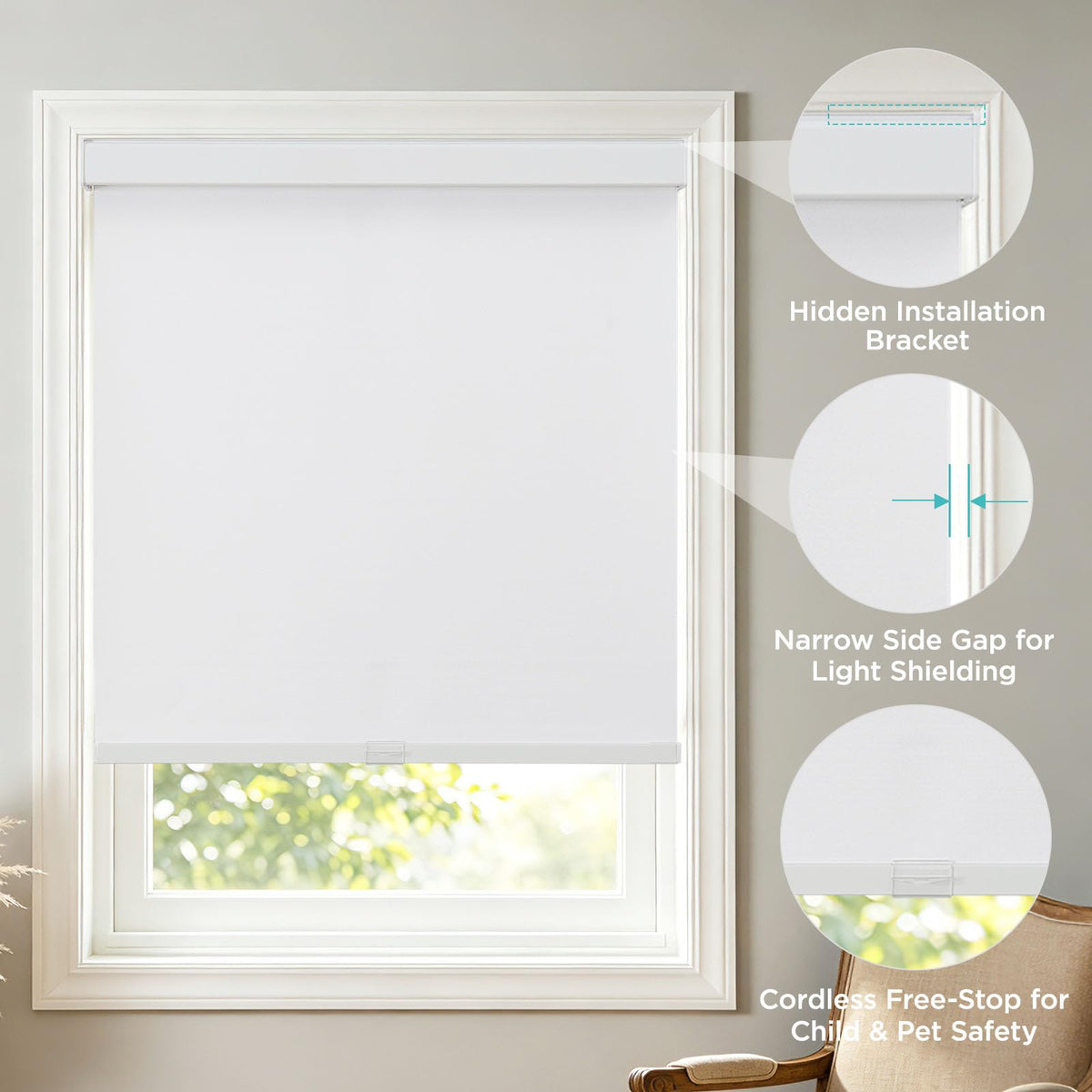 Joydeco Blackout Roller Shades for Indoor Windows, 35" W x 75" H, White