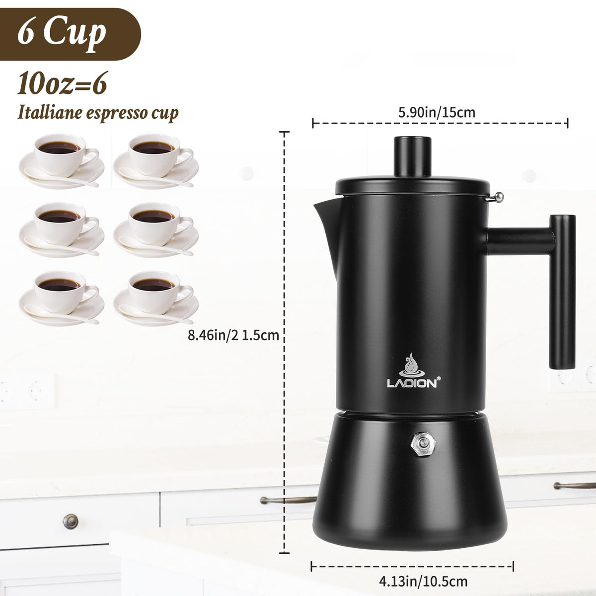 LAOION Stovetop Espresso Maker, 6Cup 10 oz Moka Pot, Stainless Steel