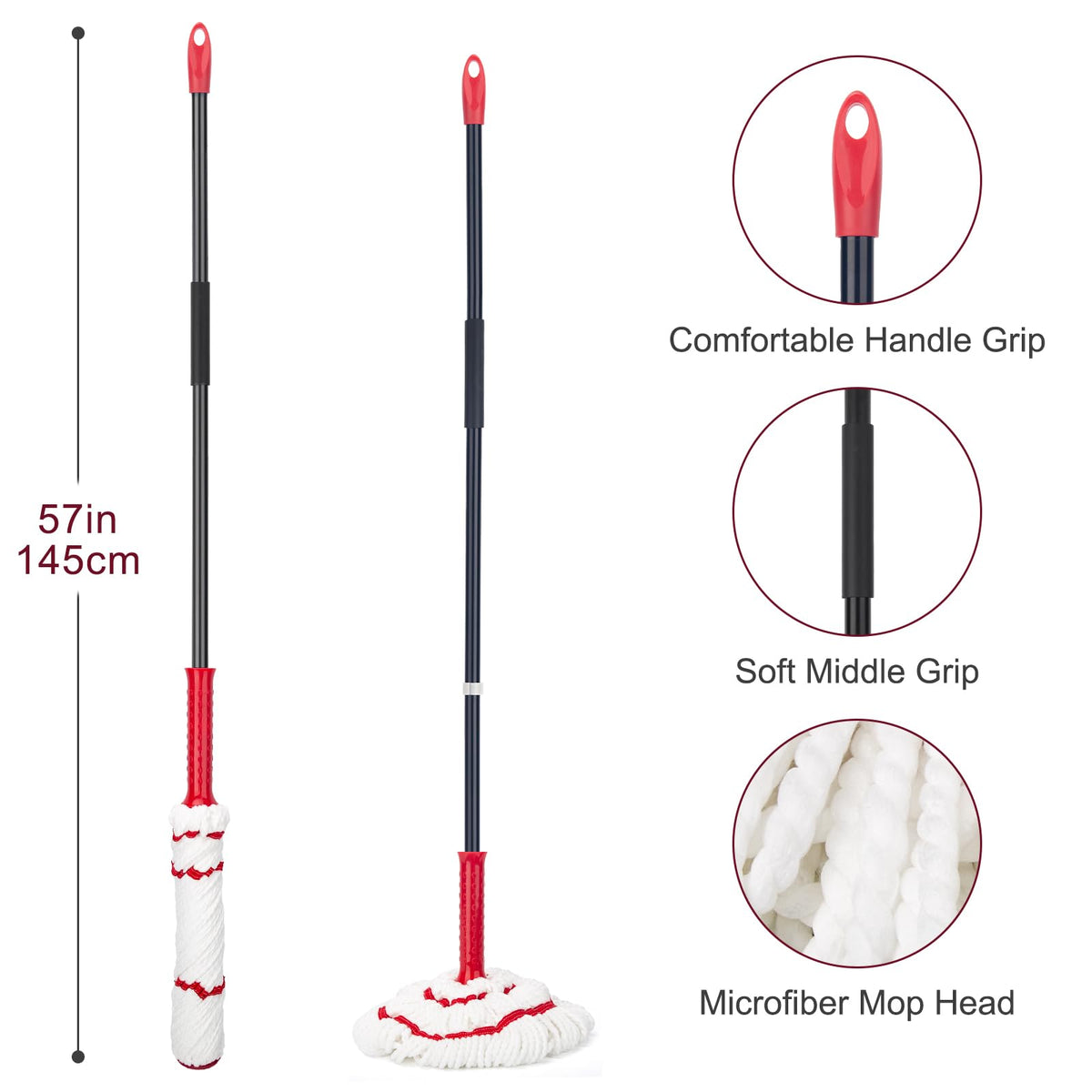 Self-Wringing Twist Mops for Floor Cleaning, Microfiber Floor mop with 57 " Long Handle, Easy Wringing Mop for Hardwood Commercial Household Clean