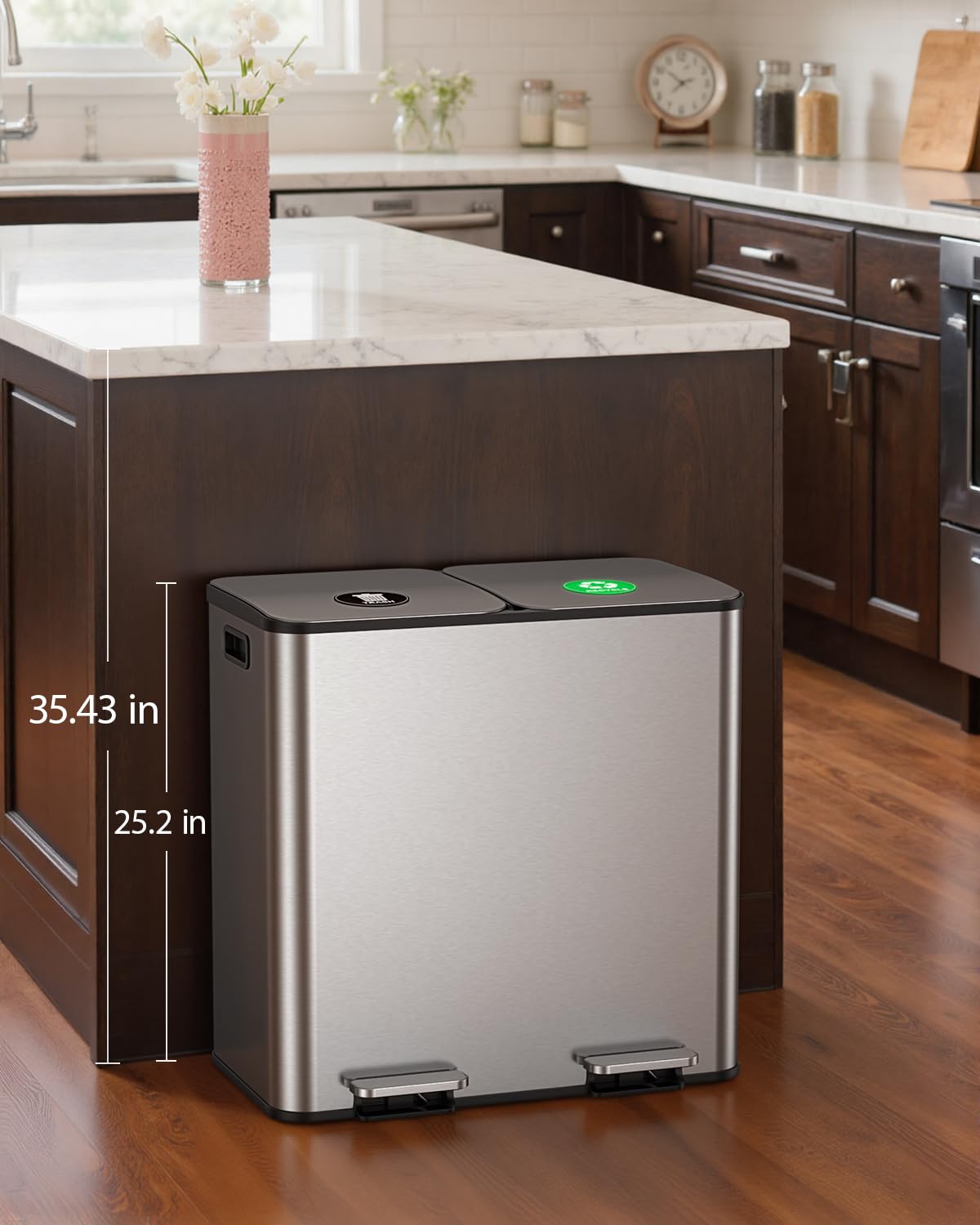 Lovewind Dual Trash and Recycling Bins for Kitchen, 2 * 11-Gallon Stainless Steel Double Trash Can, Step-On Garbage and Recycle Combo, Quiet Close, Pet-Proof, Compatible with 13-Gallon Bags, White