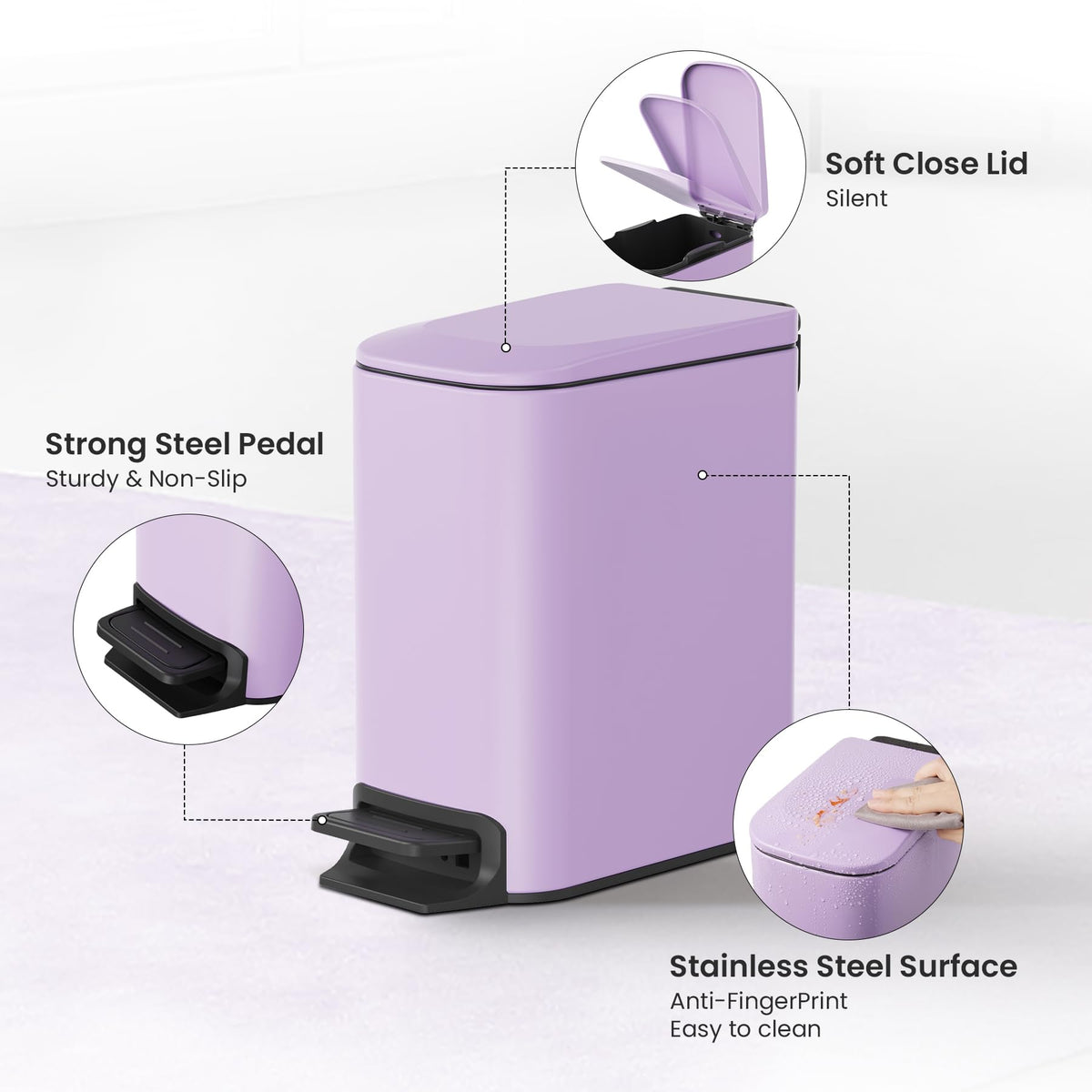 Cesun Small Bathroom Trash Can with Lid, 1.6 Gal, Soft Close, Matte Black