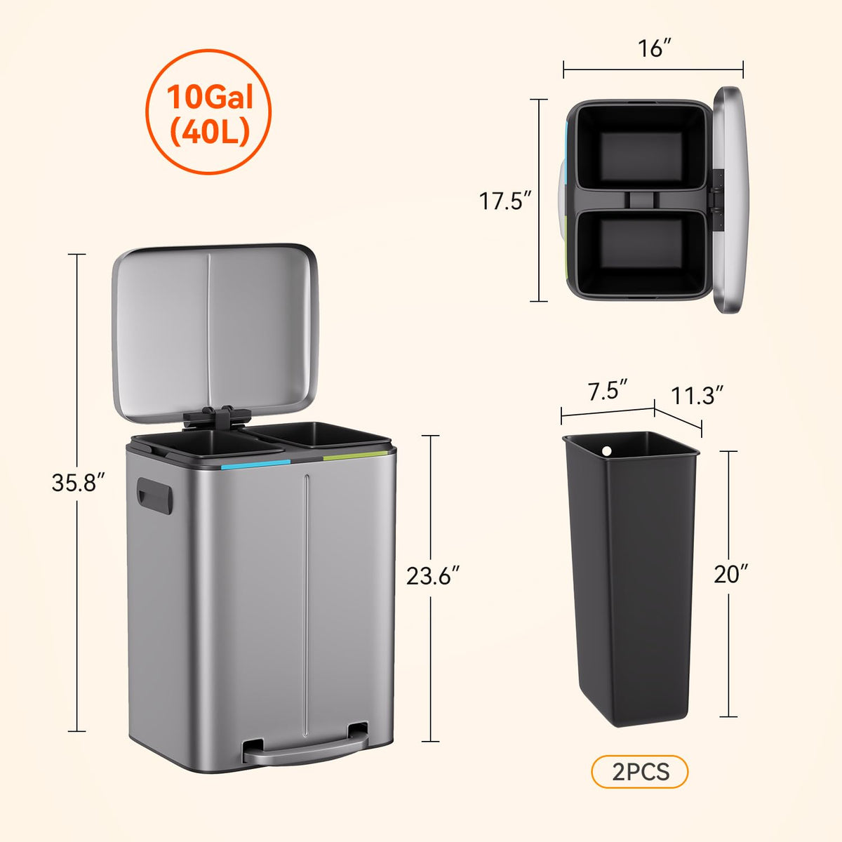 PayLessHere | 13G Trash Can with Lid | Steel | Removable Inner Bucket