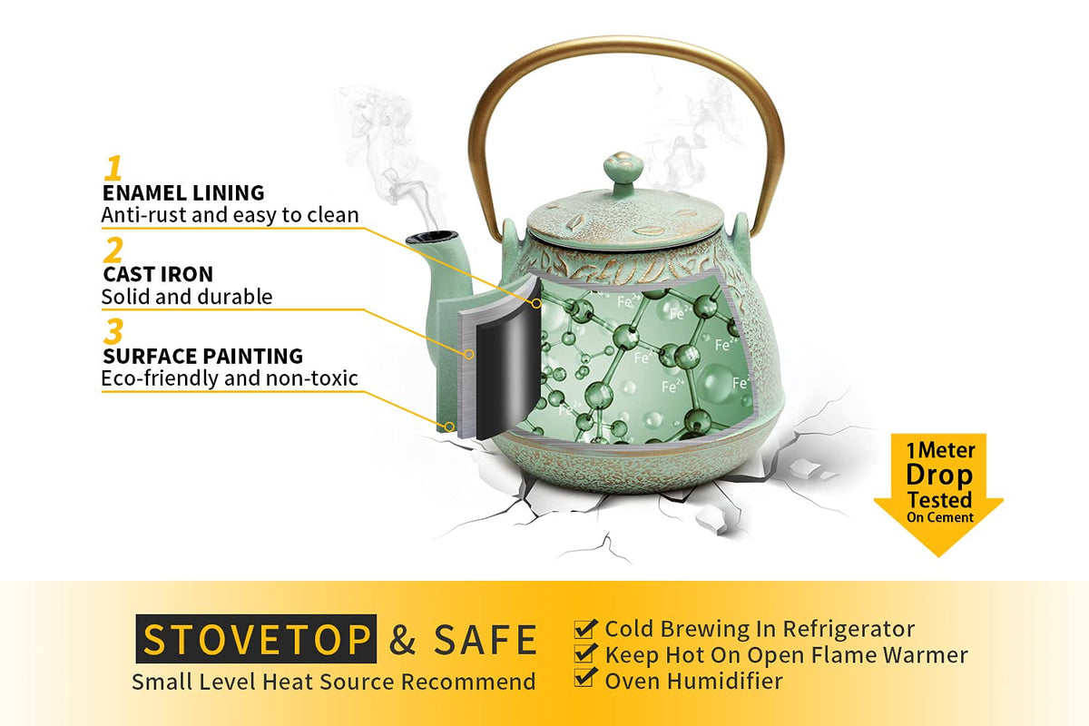 TOPTIER Japanese Teapot with Stainless Steel Infuser, Cast Iron Tea Kettle Stovetop Safe, Leaf Design Coated with Enameled Interior for 32 Ounce (950 ml), Light Green