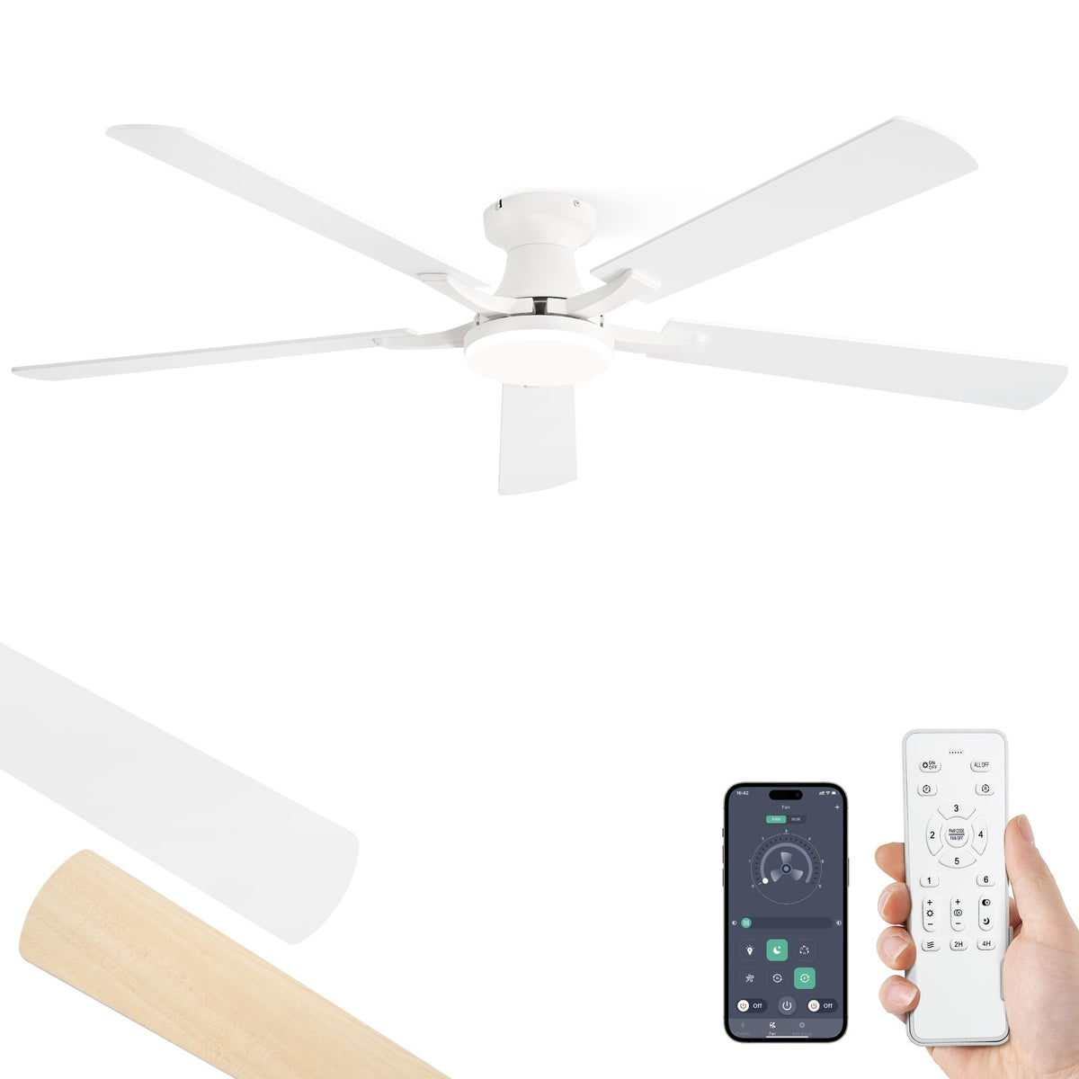 ZMISHIBO 52 Inch Ceiling Fans with Lights, Remote&App Control, Flush Mount