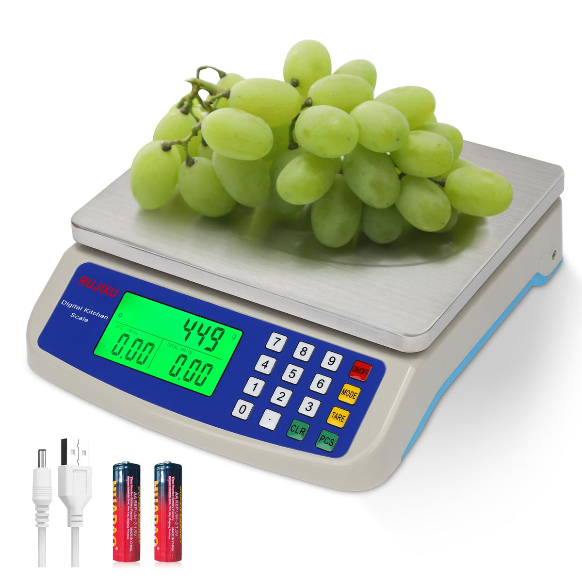 Large Digital Kitchen Scale 30KG Commercial Food Scale 66LB for Baking Bread Meat Stainless Steel Price Computing Scale LCD Display,Prep Counting Scale for Parts and Coins Adapter Included