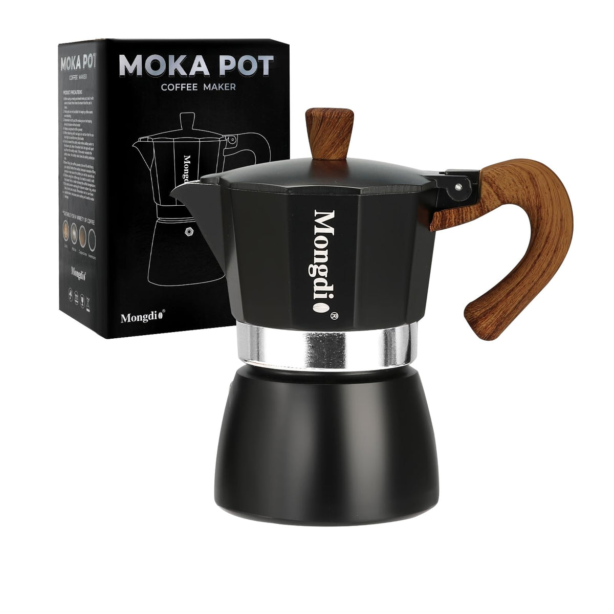 Mongdio Stovetop Espresso Maker Moka Pot, Cuban Coffee Maker Stove Top Coffee Maker Moka Italian Espresso Greca Coffee Maker Brewer Percolator, 6 Espresso Cups, 10 oz - Black