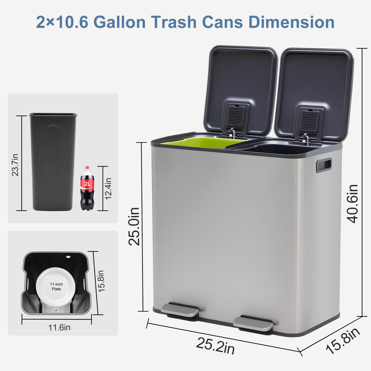 NEWBULIG 16 Gallon Dual Compartment Kitchen Trash Can, Stainless Steel, 60L
