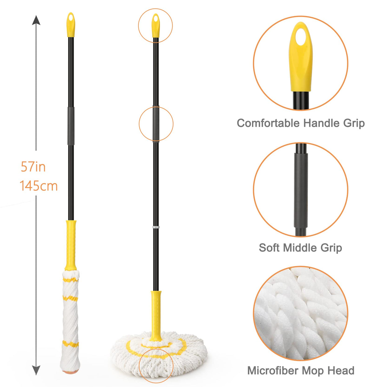 Self-Wringing Twist Mops for Floor Cleaning, Microfiber Floor mop with 57 " Long Handle, Easy Wringing Mop for Hardwood Commercial Household Clean