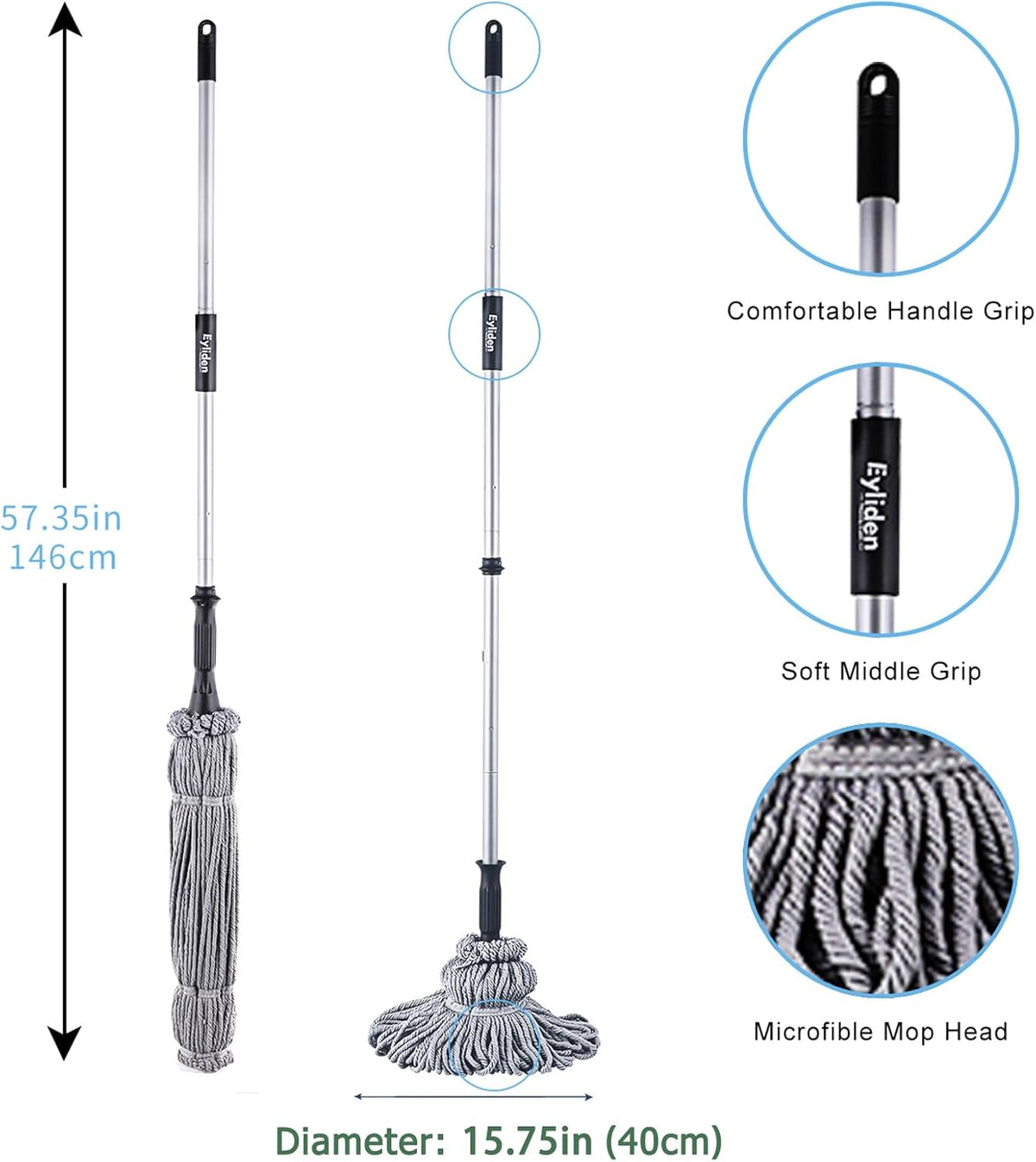Eyliden Mop with 2 Reusable Microfiber Heads, Easy Wringing Twist Mop