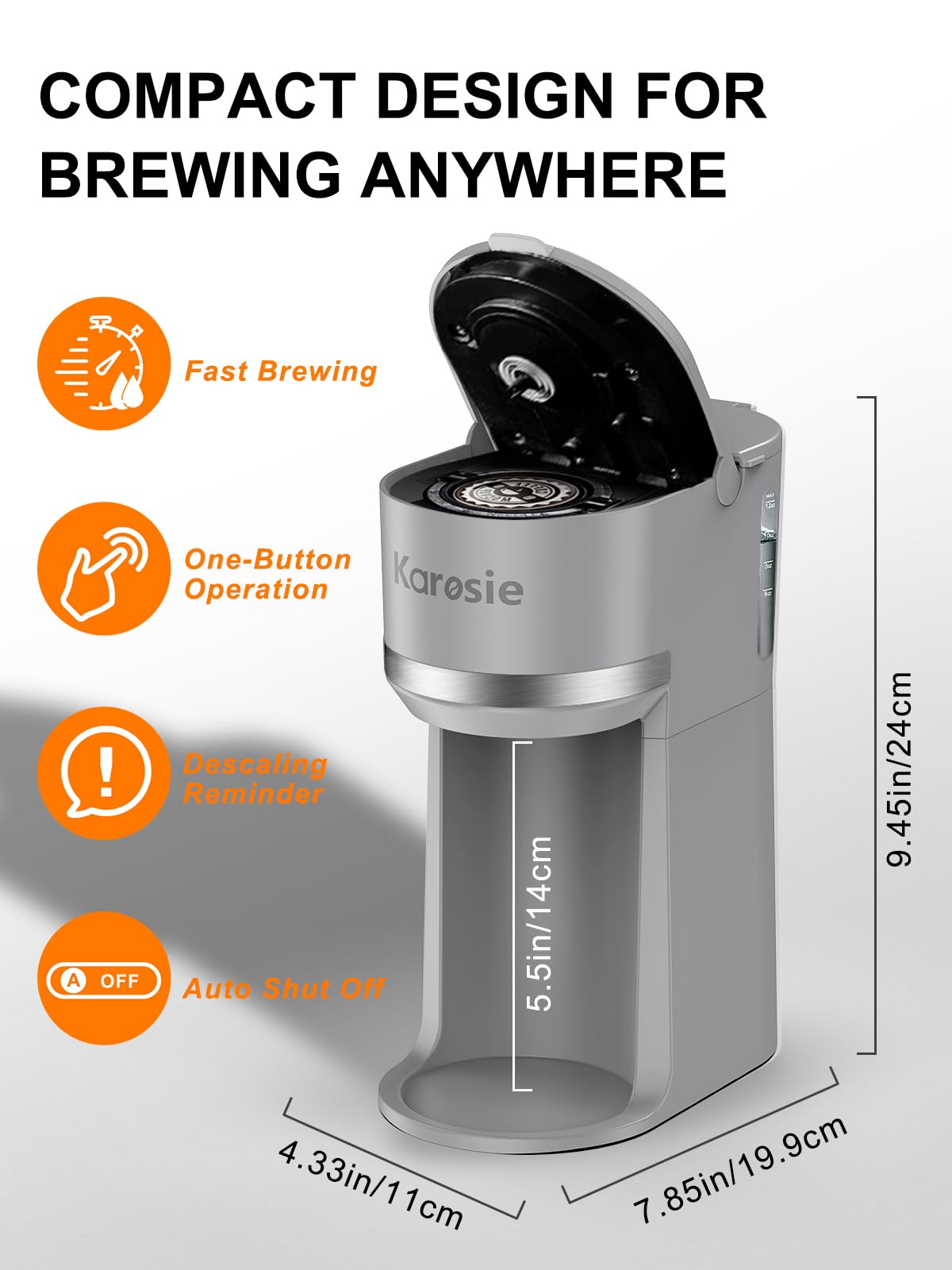 Single Serve Coffee Maker for Coffee Pods and Grounds,Fast Brew,6-12 oz Brew Sizes Single Cup Coffee Maker Fits 5.5" Mugs,One-Button Small Coffee Maker,Descaling Reminder,Black,9.45 Inches