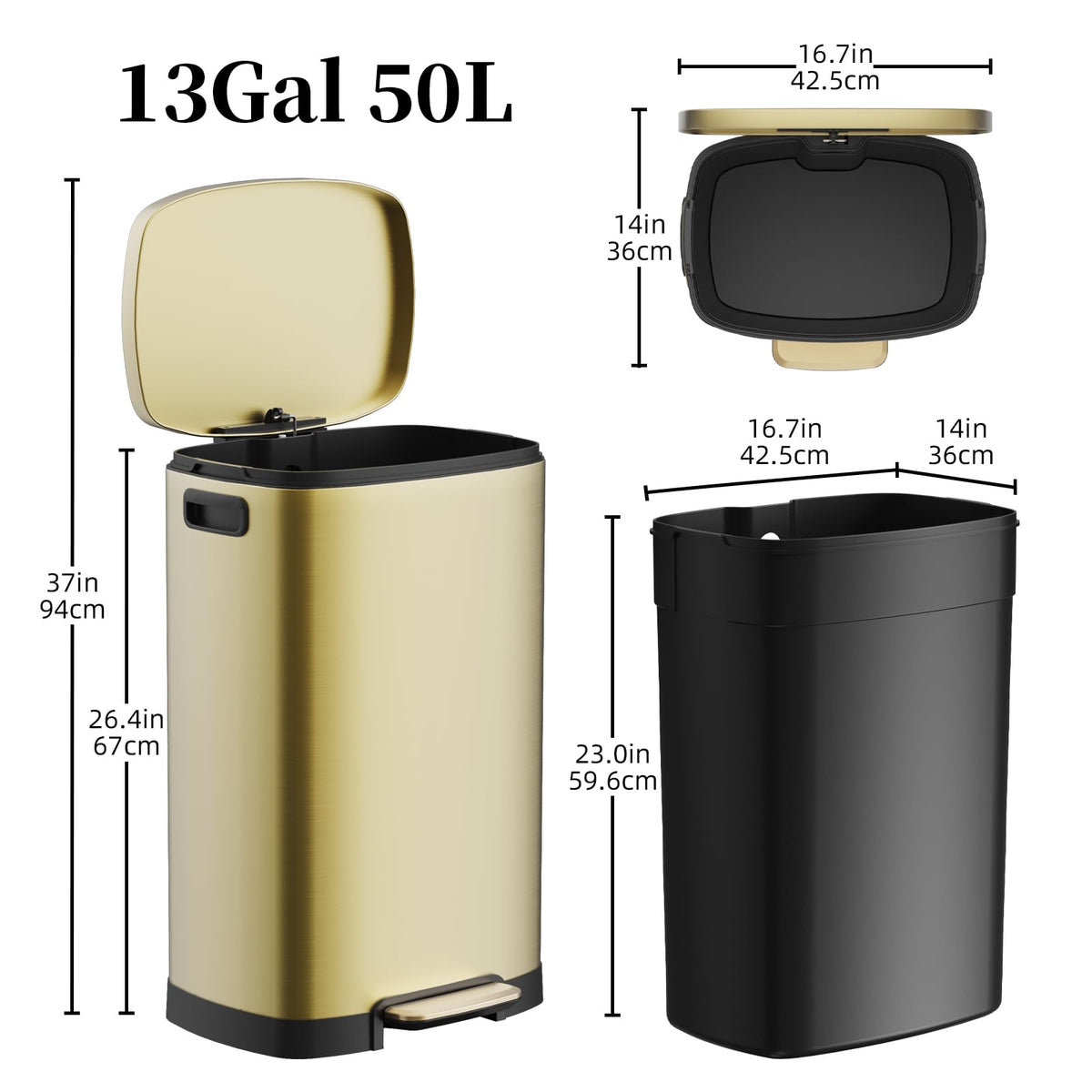 KdbK Kitchen Trash Can with Lid, 13 Gal Stainless Steel Pedal Garbage Can