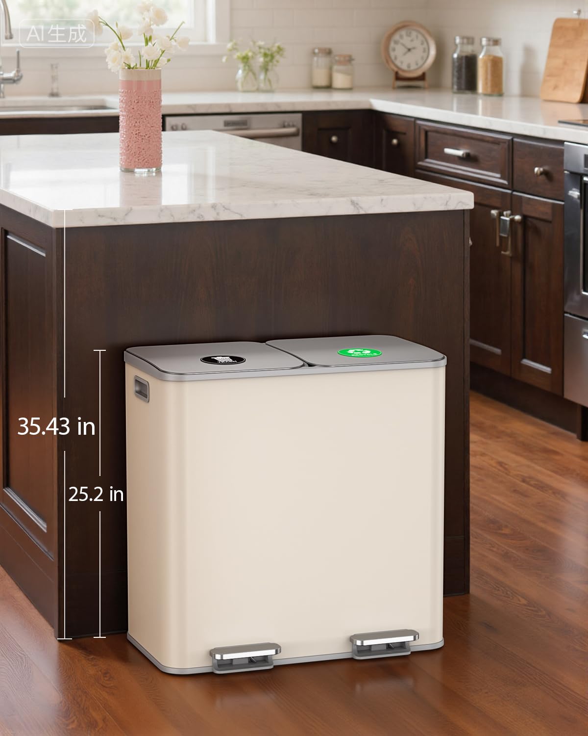 Lovewind Dual Trash and Recycling Bins for Kitchen, 2 * 11-Gallon Stainless Steel Double Trash Can, Step-On Garbage and Recycle Combo, Quiet Close, Pet-Proof, Compatible with 13-Gallon Bags, White