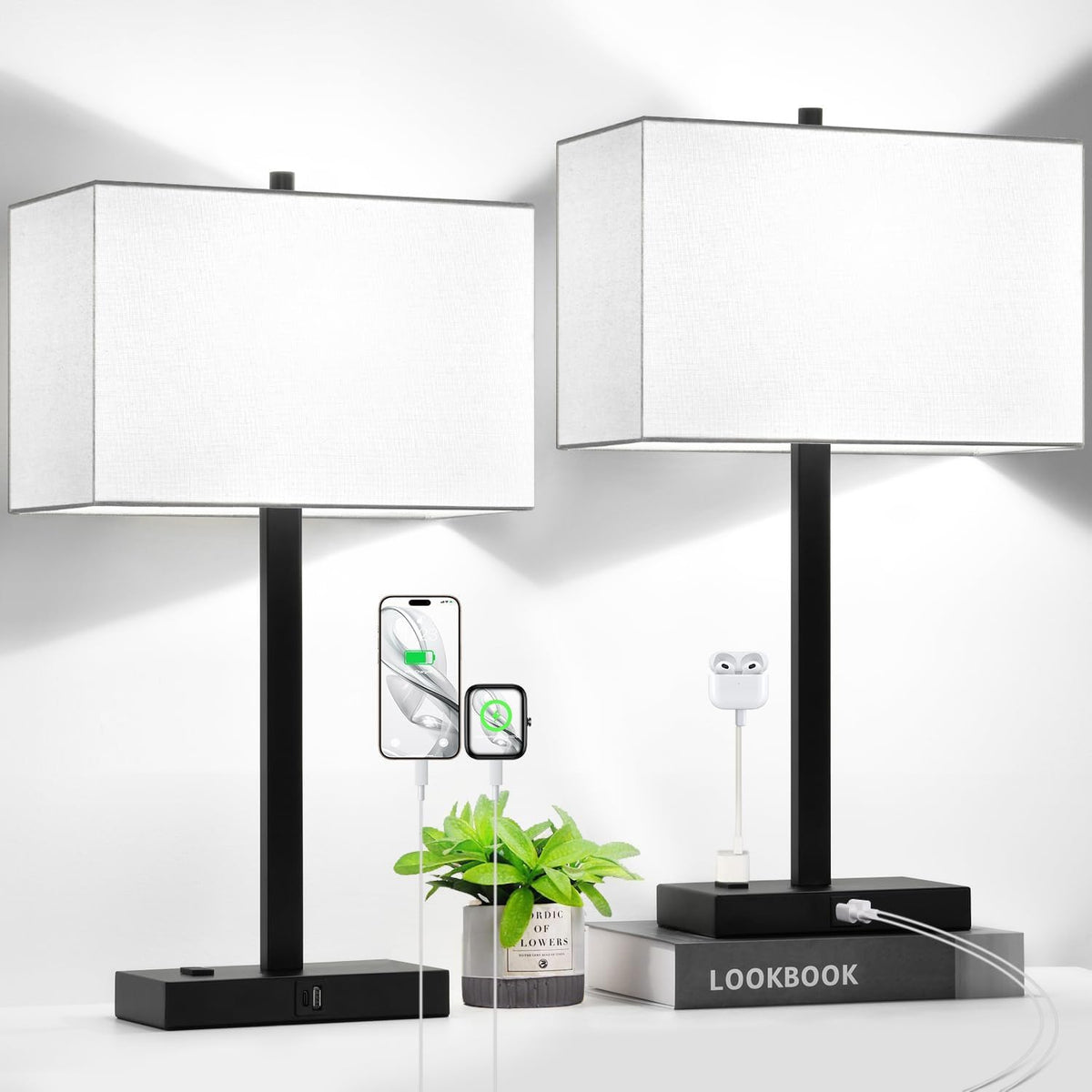 Lynnoland Set of 2 Touch Control Table Lamps with 2 USB & AC Outlet, 3-Way Dimmable Bedside Nightstand Lamps for Bedroom Living Room Nursery, 800 Lumens 5000K Daylight Bulbs Included