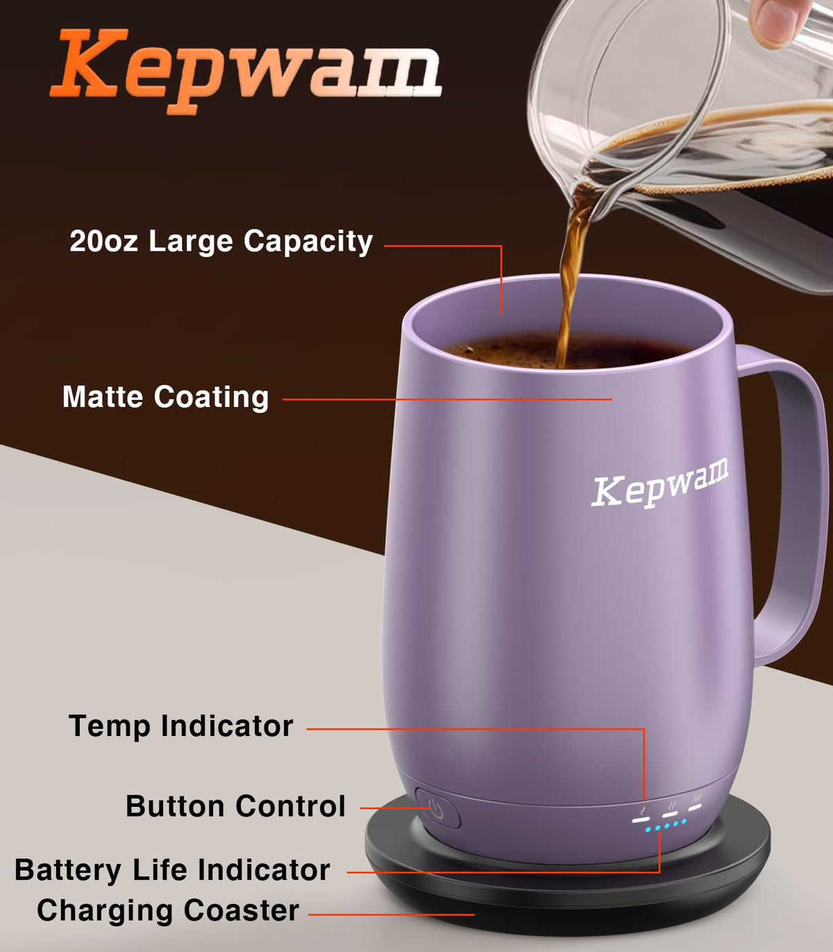 Kepwam Self-Heating Coffee Mug T2, 16oz Electric Heated Mug Hot Up to 149℉