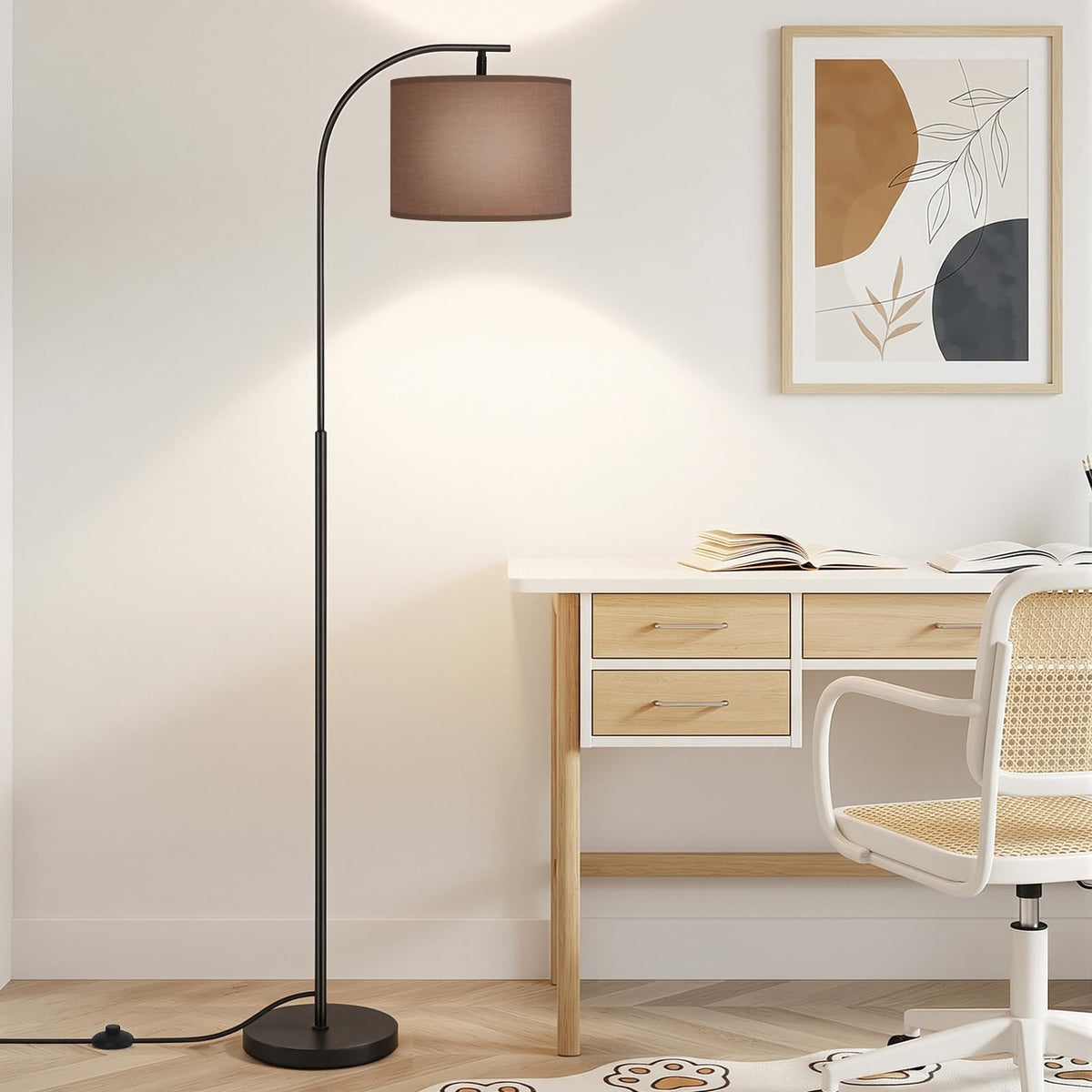 SIBRILLE Floor Lamp with Linen Shade, Arc Dimmable Tall Standing Lamp with Remote Control, Modern Floor Reading Light for Living Room Bedroom Office Corner, 9W LED Bulb Included