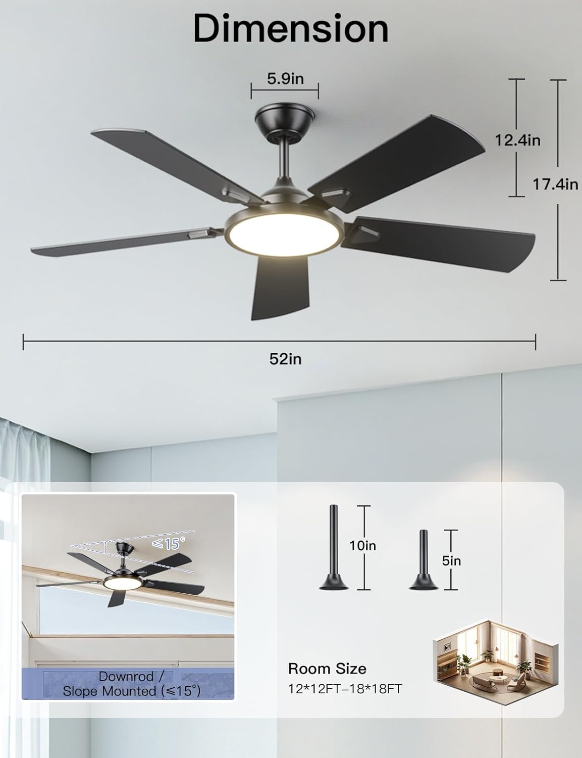 OJX 52 Inch Ceiling Fans with Lights and Remote/APP Control