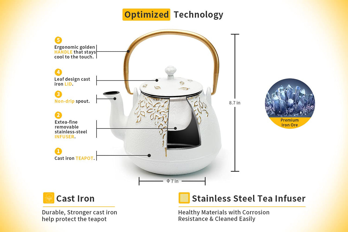 TOPTIER Japanese Teapot with Stainless Steel Infuser, Cast Iron Tea Kettle Stovetop Safe, Leaf Design Coated with Enameled Interior for 32 Ounce (950 ml), Light Green