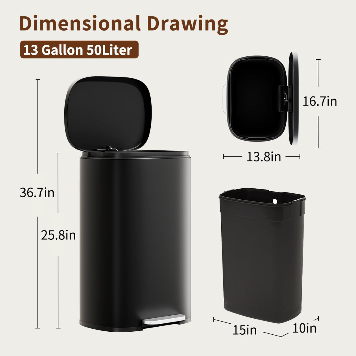 PayLessHere | 13G Trash Can with Lid | Steel | Removable Inner Bucket