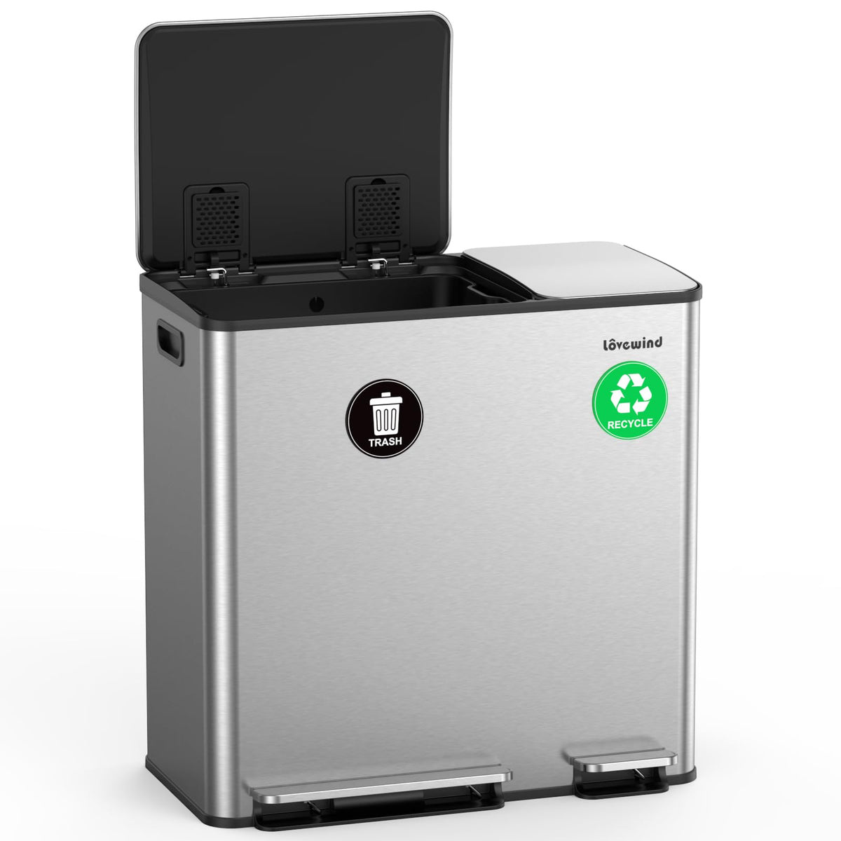 Lovewind Dual Trash and Recycling Bins for Kitchen, 2 * 11-Gallon Stainless Steel Double Trash Can, Step-On Garbage and Recycle Combo, Quiet Close, Pet-Proof, Compatible with 13-Gallon Bags, White