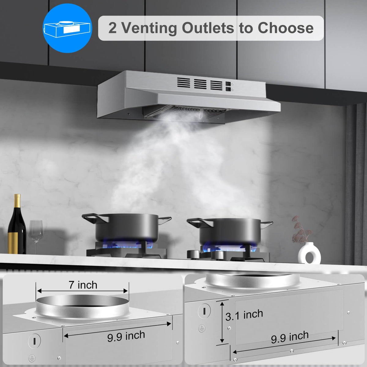 SNDOAS 30 inch Range Hood Ducted/Ductless Convertible Stainless Steel Range Hood Under Cabinet with Rocker Button Control,Vent Hood with LED Light,2 Speed Exhaust Fan,Under Cabinet Hood,Silver