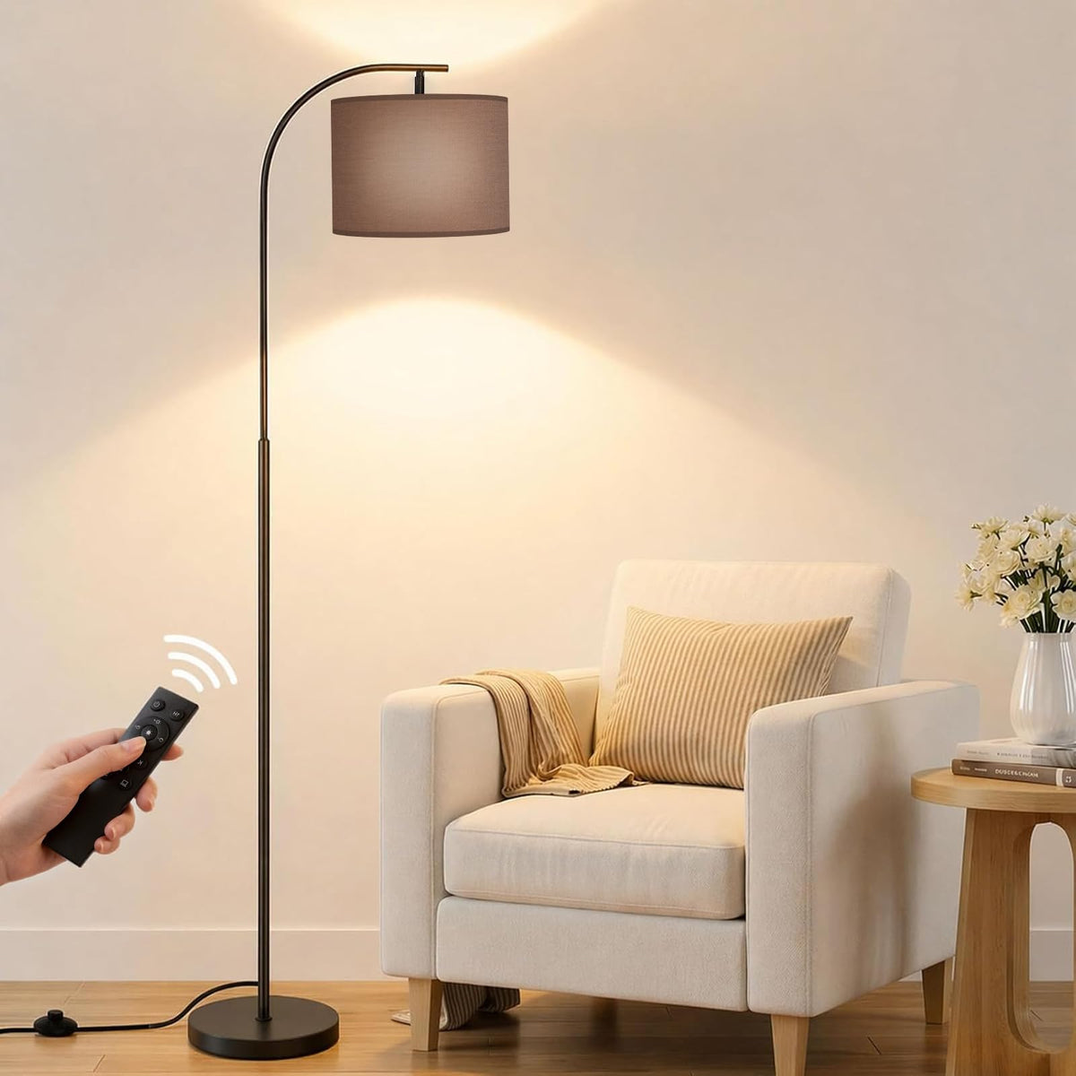 SIBRILLE Floor Lamp with Linen Shade, Arc Dimmable Tall Standing Lamp with Remote Control, Modern Floor Reading Light for Living Room Bedroom Office Corner, 9W LED Bulb Included
