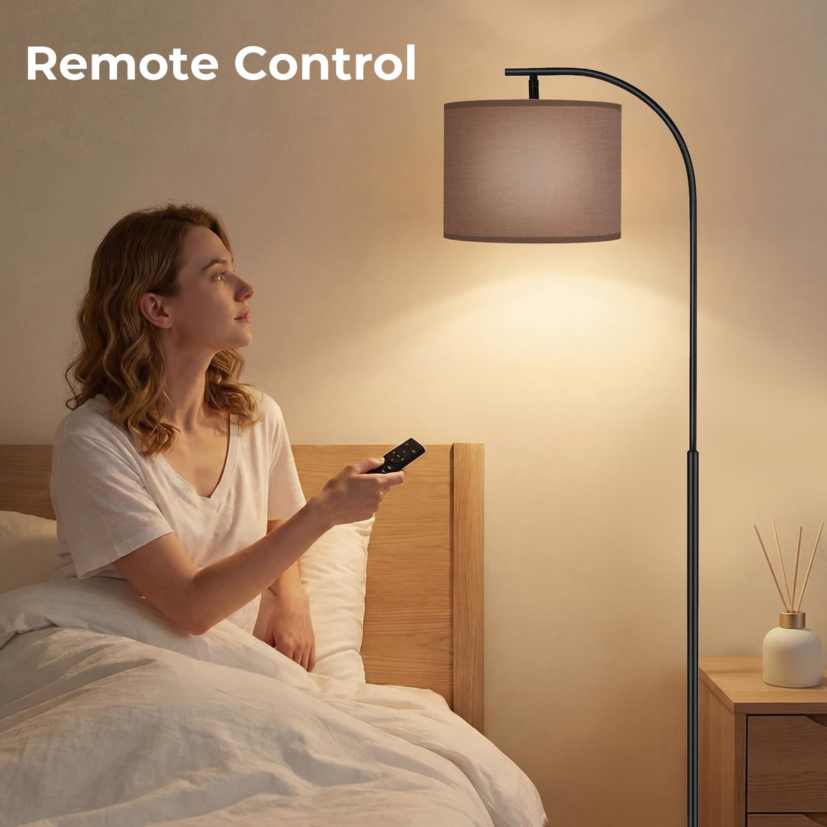 SIBRILLE Floor Lamp with Linen Shade, Arc Dimmable Tall Standing Lamp with Remote Control, Modern Floor Reading Light for Living Room Bedroom Office Corner, 9W LED Bulb Included