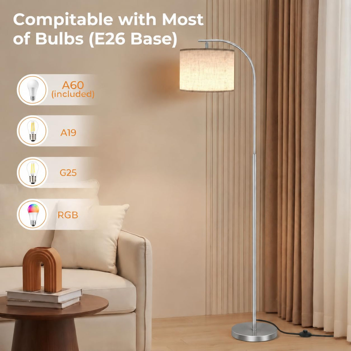 SIBRILLE Floor Lamp with Linen Shade, Arc Dimmable Tall Standing Lamp with Remote Control, Modern Floor Reading Light for Living Room Bedroom Office Corner, 9W LED Bulb Included