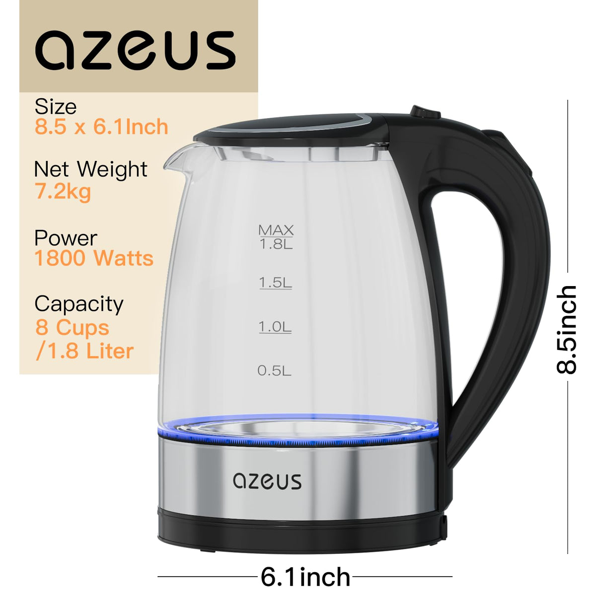 Azeus 1.8L Electric Kettle CX-817 - Fast Boil, Auto Shut-Off, Boil-Dry Protection, 360° Swivel Base - Stainless Steel Water Boiler for Tea, Coffee, and Hot Water