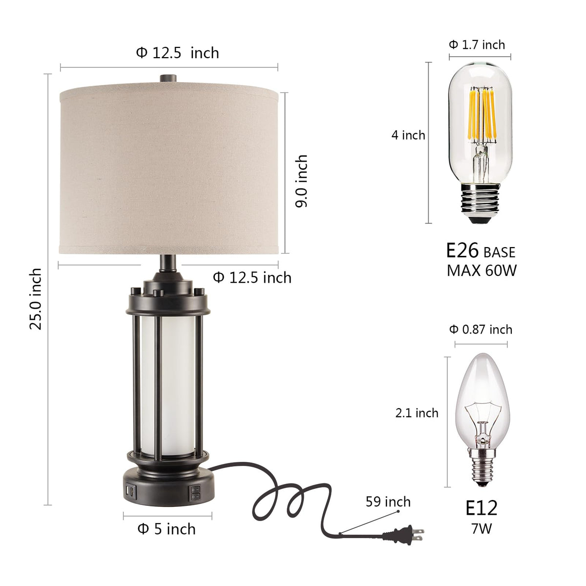 AIEAMPDO 25'' Set of 2 Farmhouse Table Lamps for Living Room with USB C+A