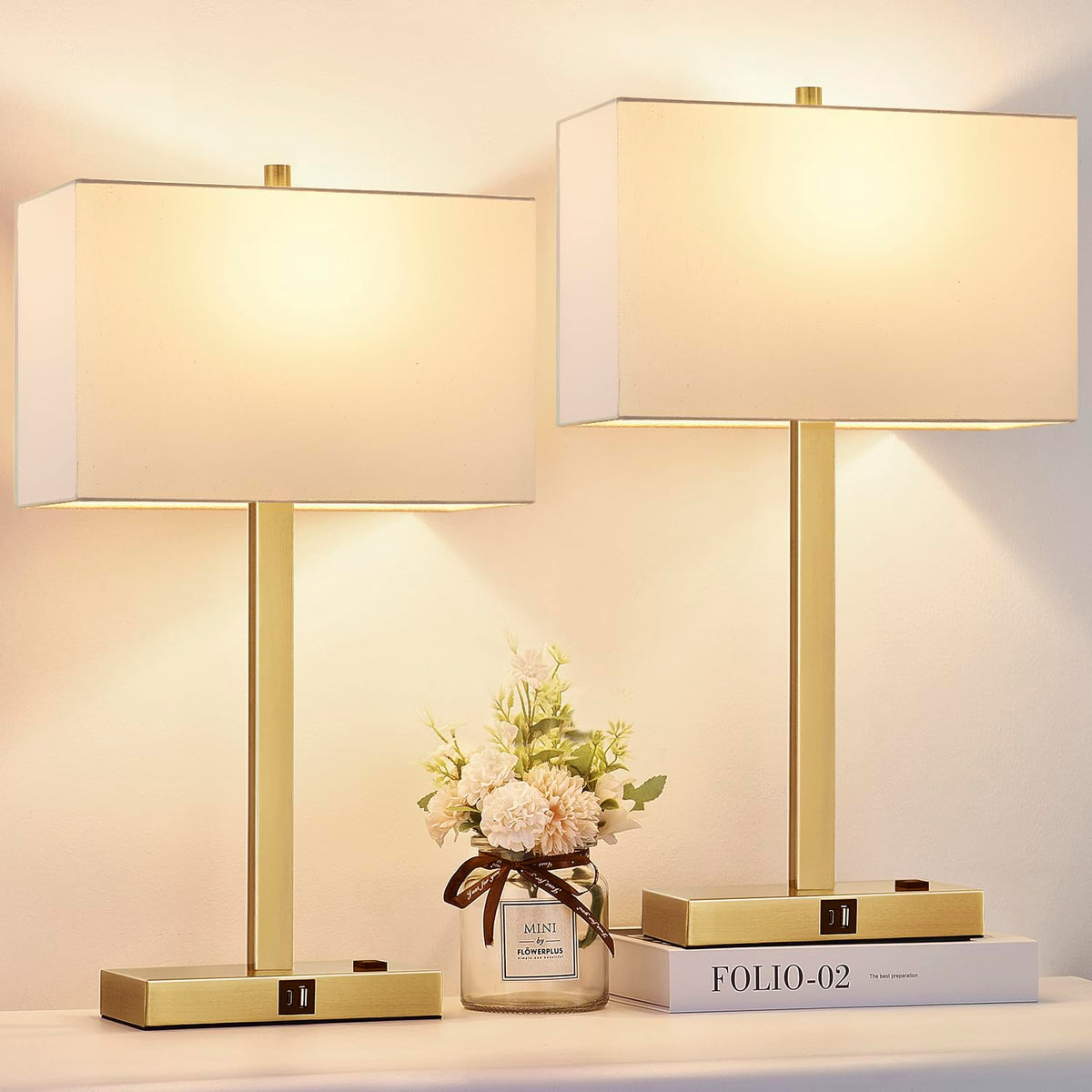 Lynnoland Set of 2 Touch Control Table Lamps with 2 USB & AC Outlet, 3-Way Dimmable Bedside Nightstand Lamps for Bedroom Living Room Nursery, 800 Lumens 5000K Daylight Bulbs Included