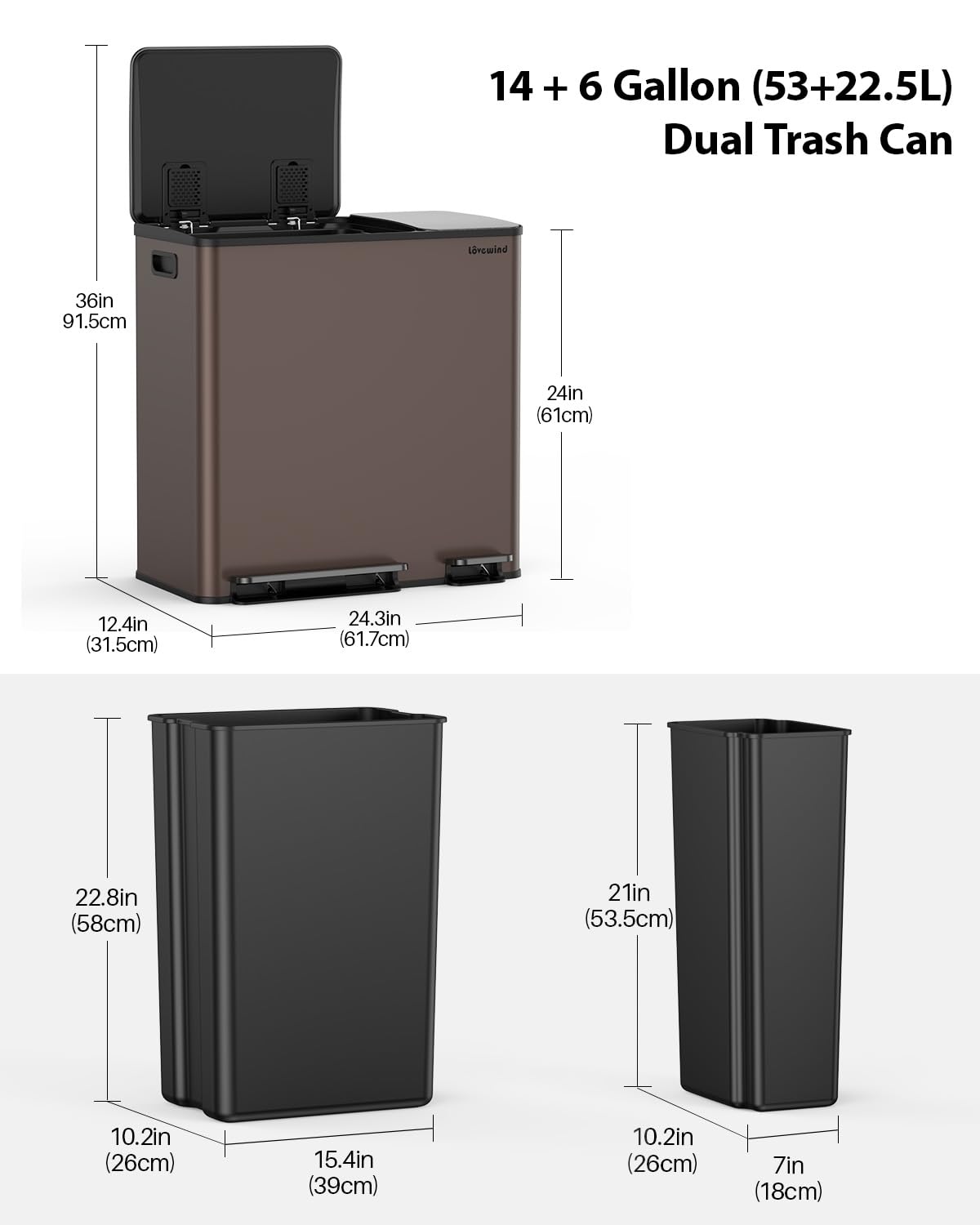 Lovewind Dual Trash and Recycling Bins for Kitchen, 2 * 11-Gallon Stainless Steel Double Trash Can, Step-On Garbage and Recycle Combo, Quiet Close, Pet-Proof, Compatible with 13-Gallon Bags, White