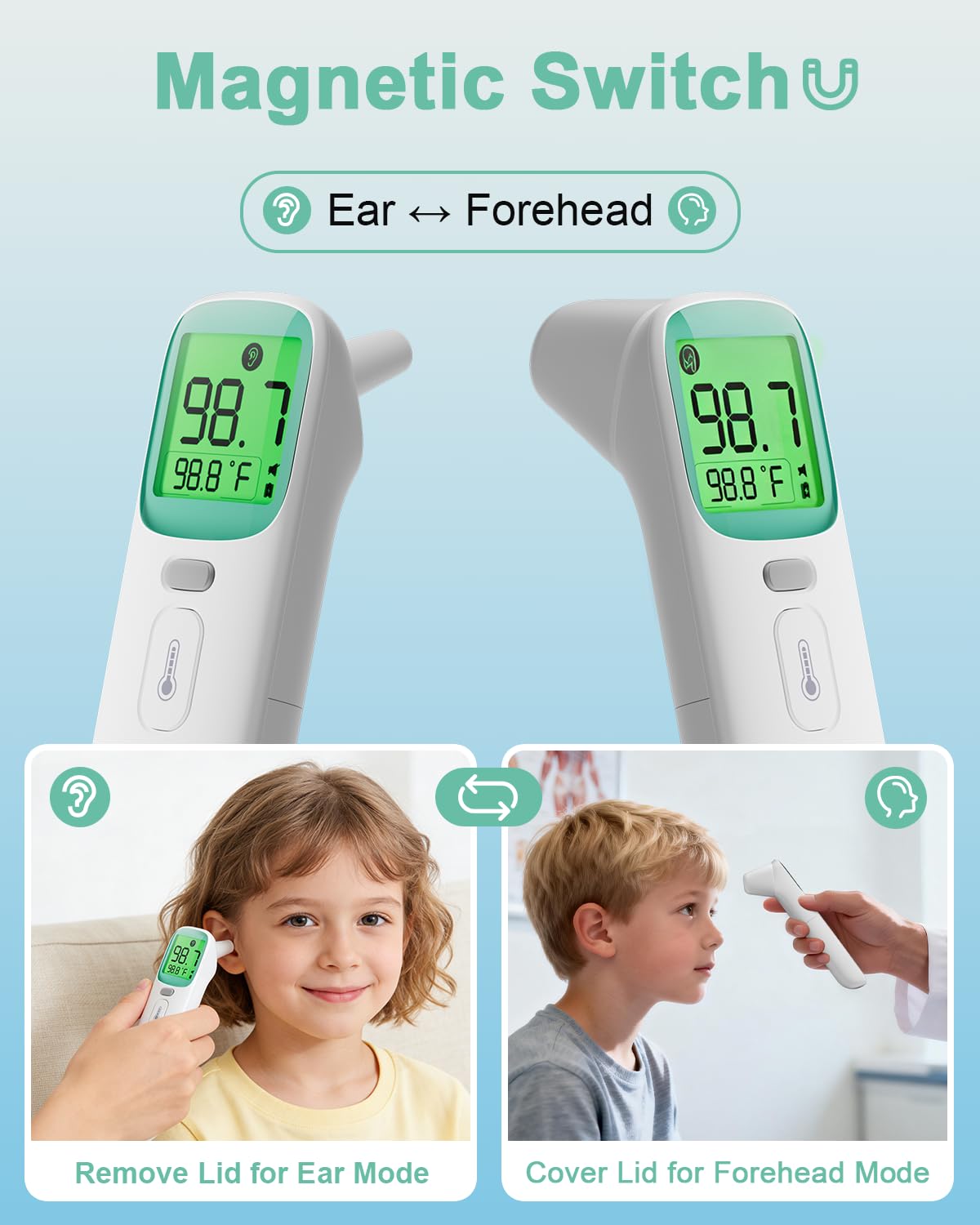 Baby Thermometer for Kids - Ear & Forehead Thermometer FSA-HSA, Digital Infrared Thermometers for Adults, Accurate No Touch Termometro with Fever Alarm & Mute Mode,40 Memories (Blue 1 Pack)