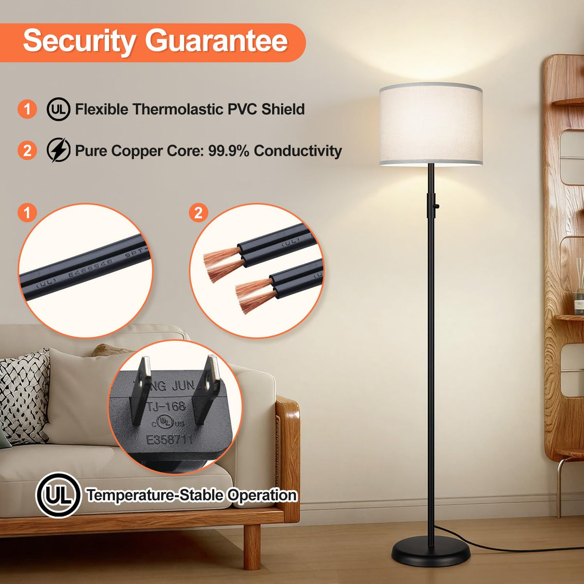 【Upgraded】 Dimmable Floor Lamp for Living Room,1000 Lumens Bulb Included, Modern Floor Lamps Simple Design with Linen Shade, Tall Standing Lamp for Bedroom Office Dining Room, Black Pole Lamp