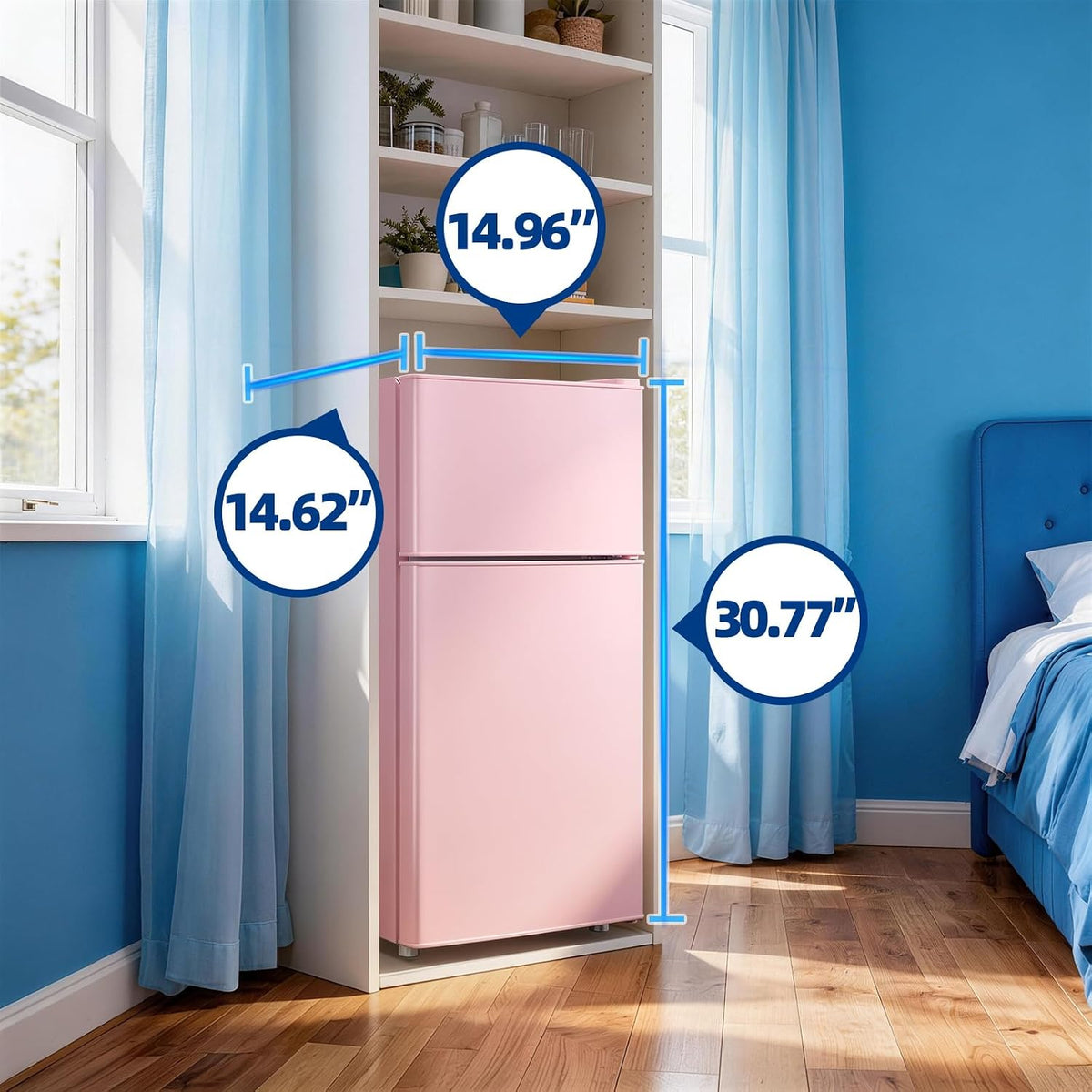 45L Personal Double‑Door Mini Fridge With Freezer, Pink