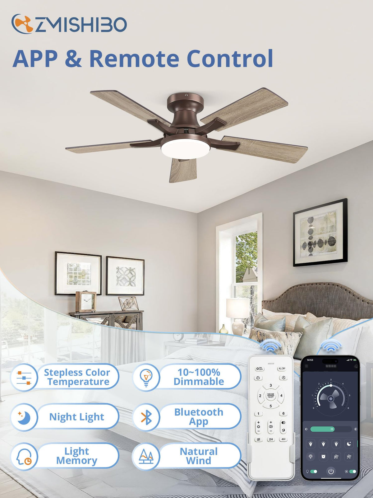 ZMISHIBO 52 Inch Ceiling Fans with Lights, Remote&App Control, Flush Mount