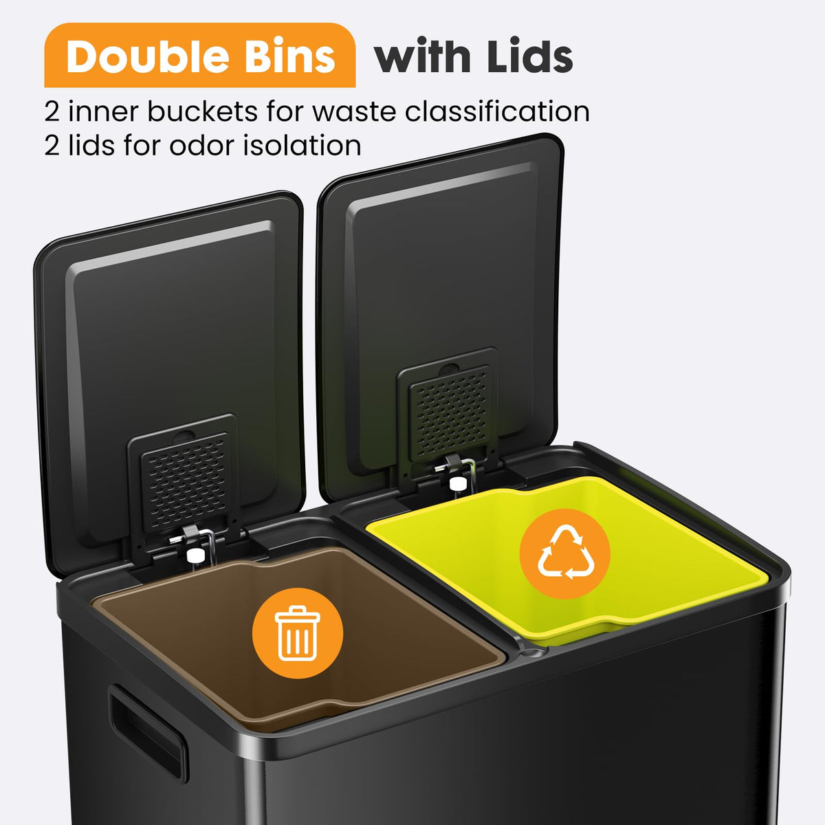 NEWBULIG 16 Gallon Dual Compartment Kitchen Trash Can, Stainless Steel, 60L