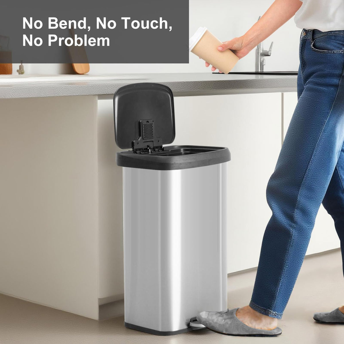 NEWBULIG 16 Gallon Dual Compartment Kitchen Trash Can, Stainless Steel, 60L