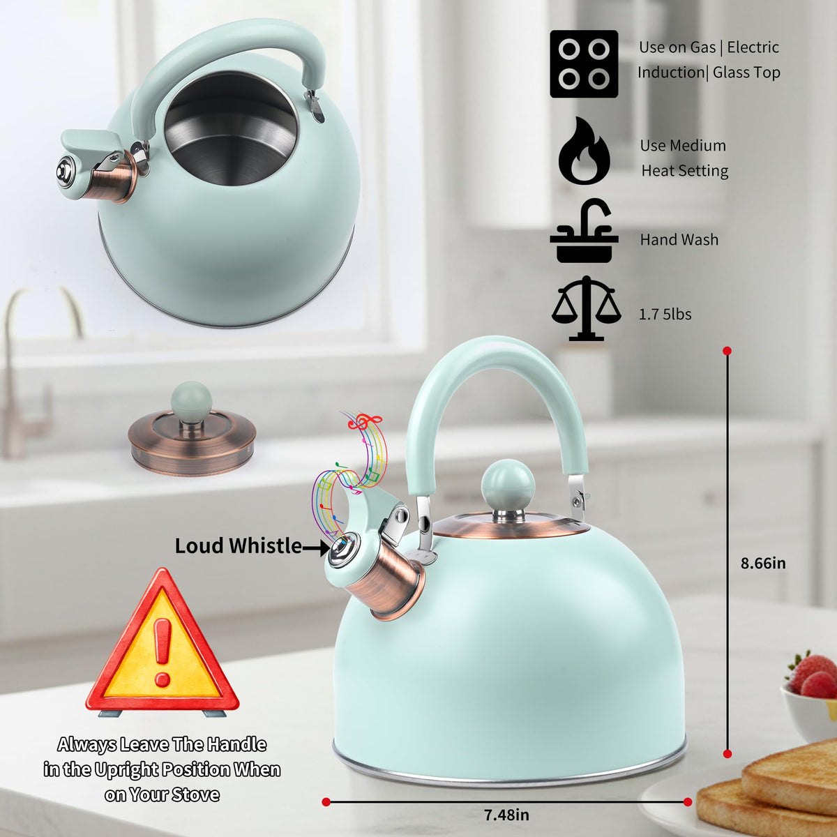 2.6 Quart Yellow Whistling Tea Kettle, Multiple Color Available, Stainless Steel Stovetop Teapot with Cool-Touch Handle, Loud Whistle, Induction Compatible for Gas, Electric & Glass Cooktops