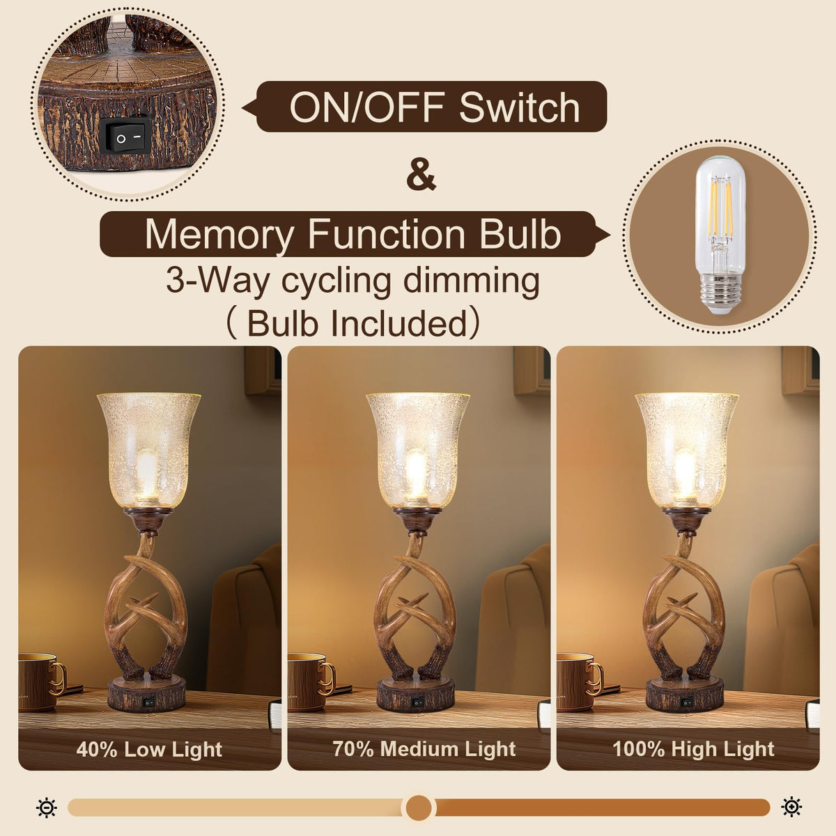Scenekoy Deer Antler Table Lamp Set of 2 with Nightlight for Living Room