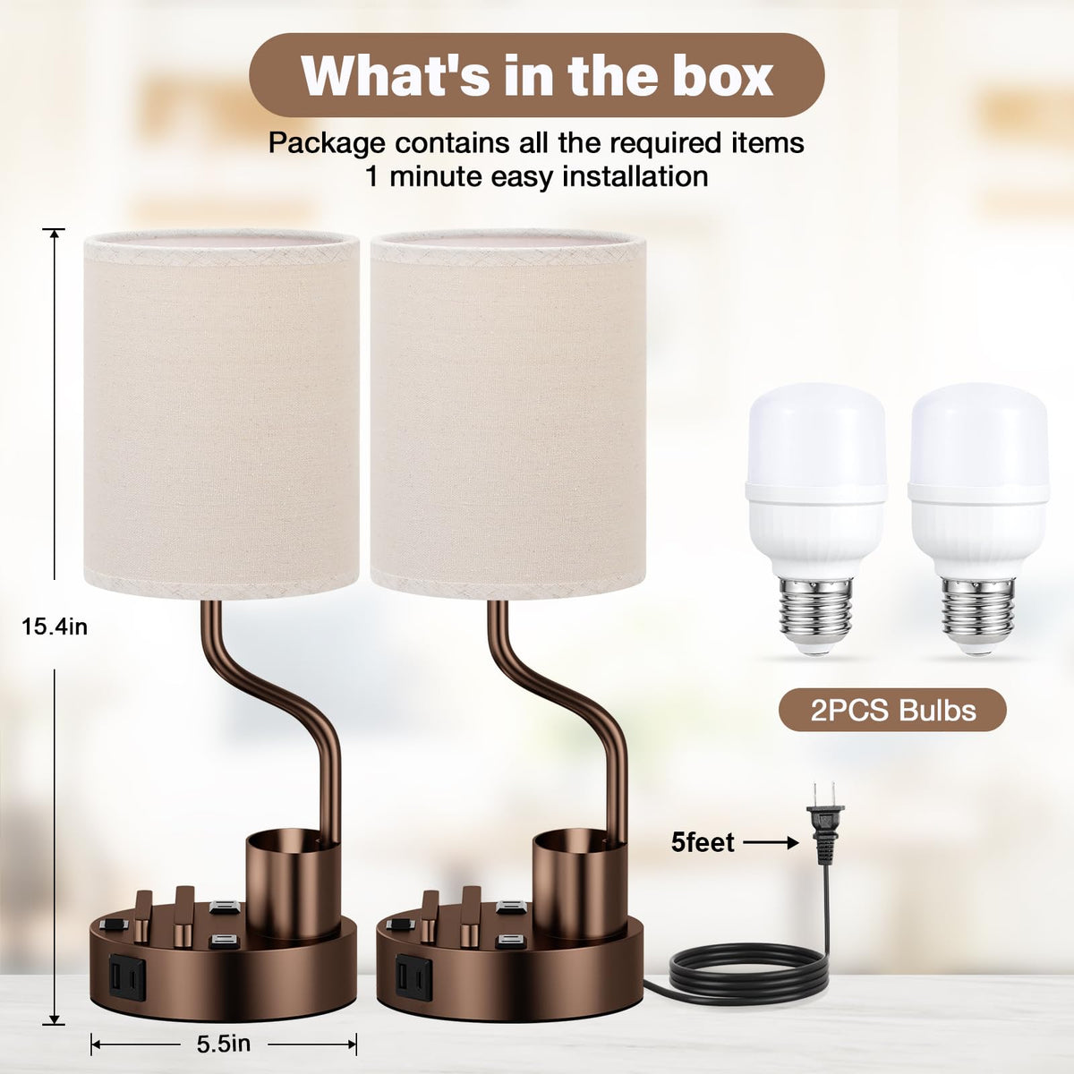 Fenmzee Bedside Lamps for Bedroom Set of 2 - Table Desk Lamp for Nightstand