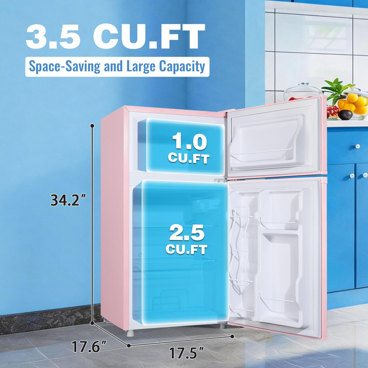 3.5 Cu.Ft Compact Refrigerator Gray, Dual-Door MIni Fridge for Home
