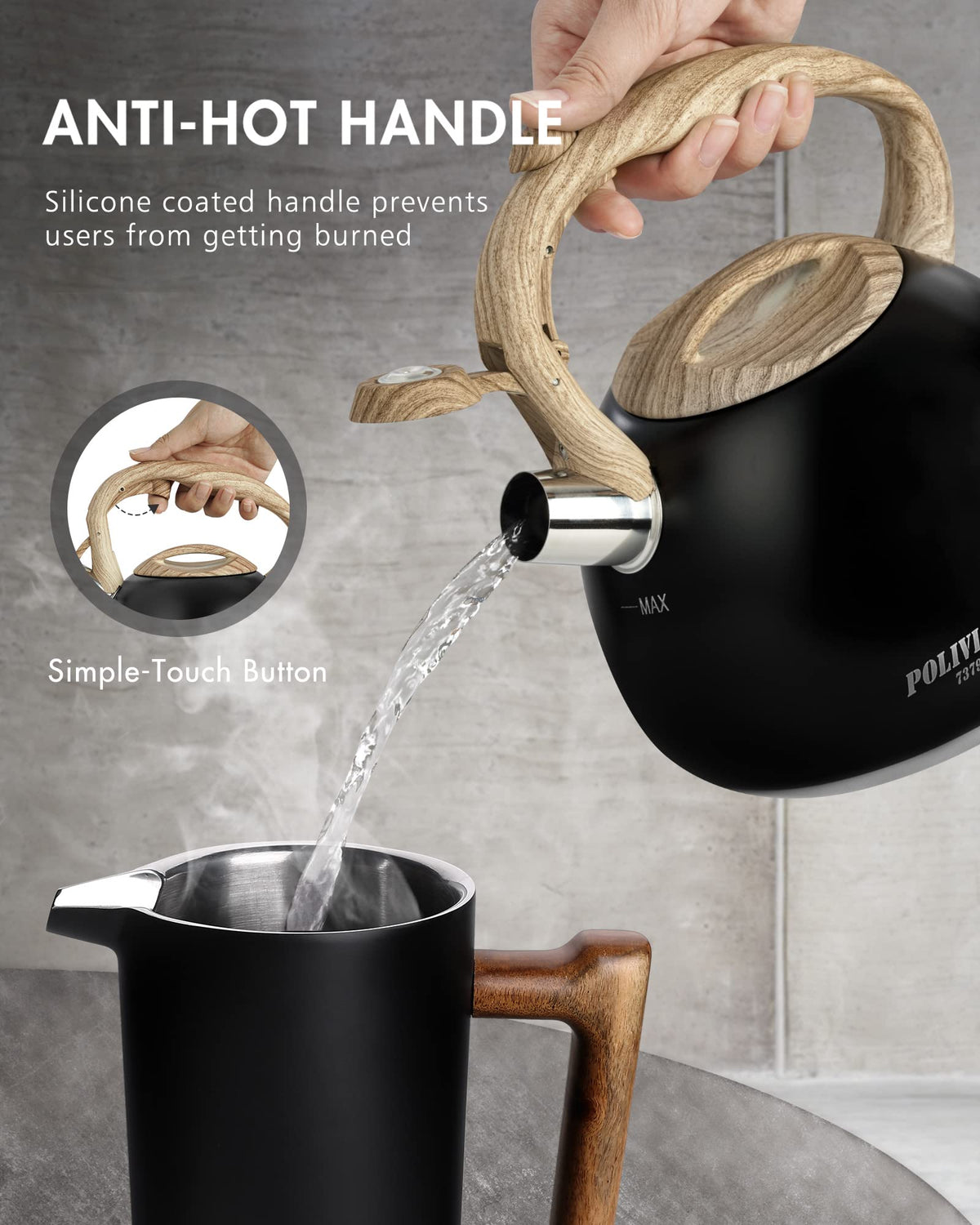 POLIVIAR Tea Kettle, 2.7 Quart Natural Stone Finish with Wood Pattern Handle Loud Whistle Food Grade Stainless Steel Teapot, Anti-Hot Handle and Anti-Rust, Suitable for All Heat Sources (JX2018-GR20)