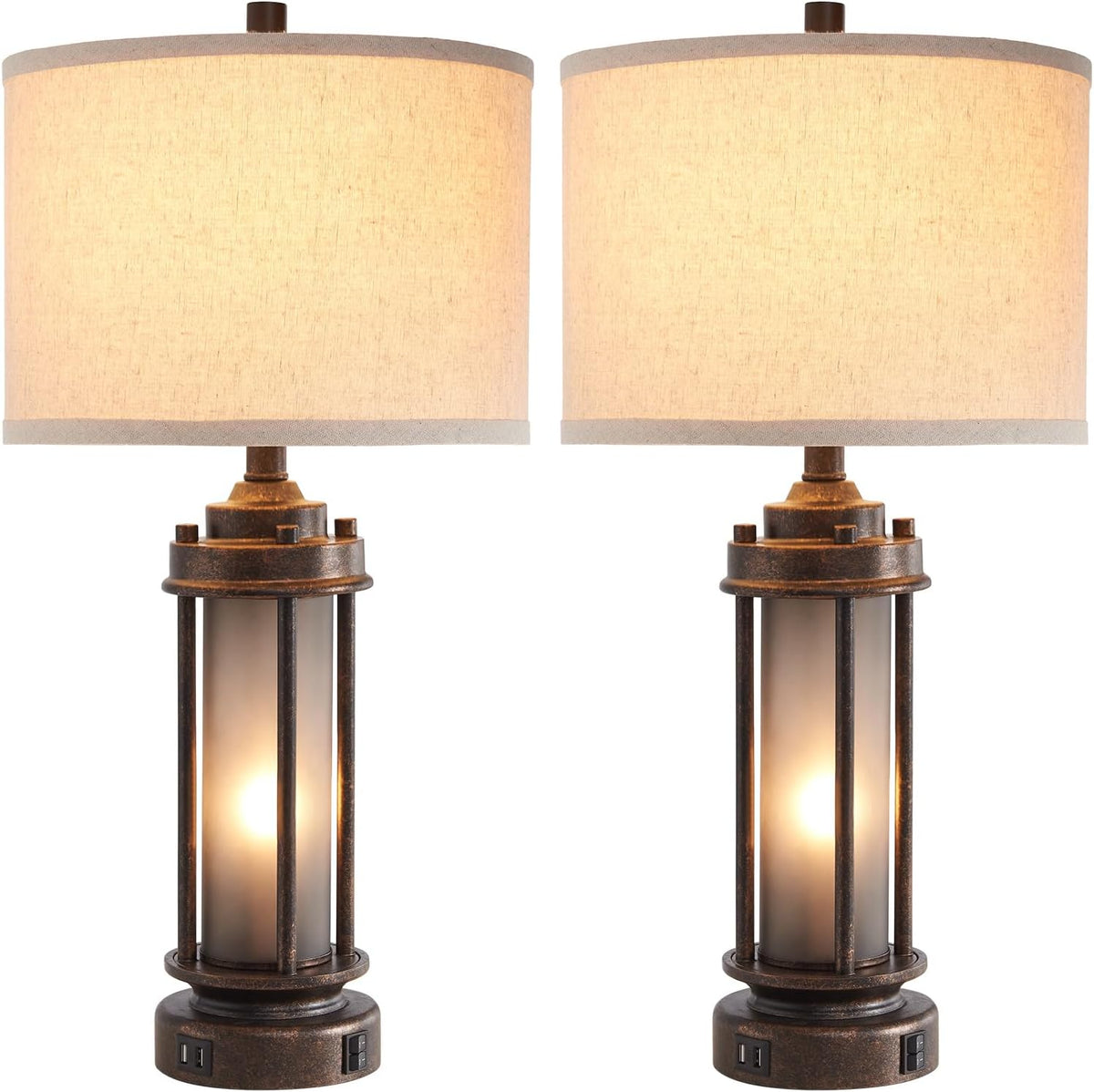 AIEAMPDO 25'' Set of 2 Farmhouse Table Lamps for Living Room with USB C+A