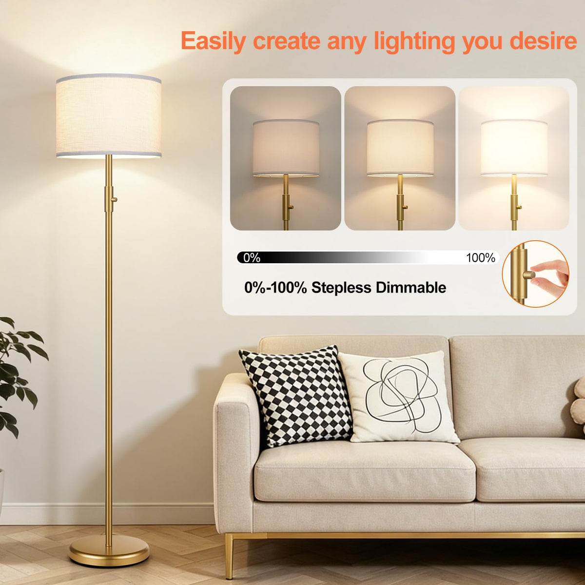 【Upgraded】 Dimmable Floor Lamp for Living Room,1000 Lumens Bulb Included, Modern Floor Lamps Simple Design with Linen Shade, Tall Standing Lamp for Bedroom Office Dining Room, Black Pole Lamp