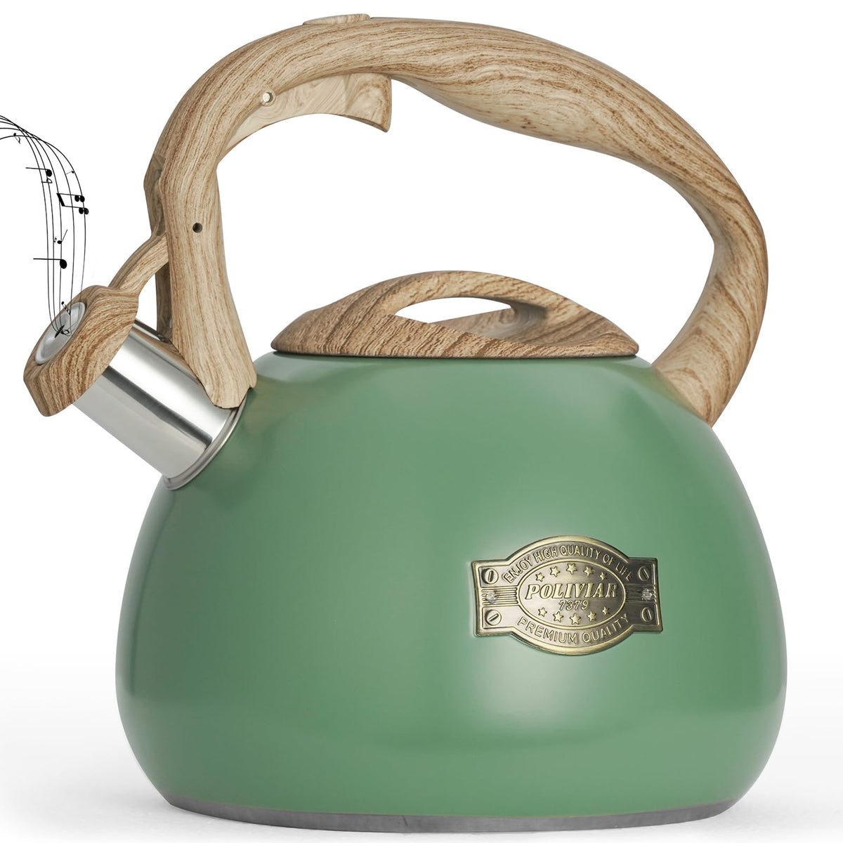 POLIVIAR Tea Kettle, 2.7 Quart Natural Stone Finish with Wood Pattern Handle Loud Whistle Food Grade Stainless Steel Teapot, Anti-Hot Handle and Anti-Rust, Suitable for All Heat Sources (JX2018-GR20)